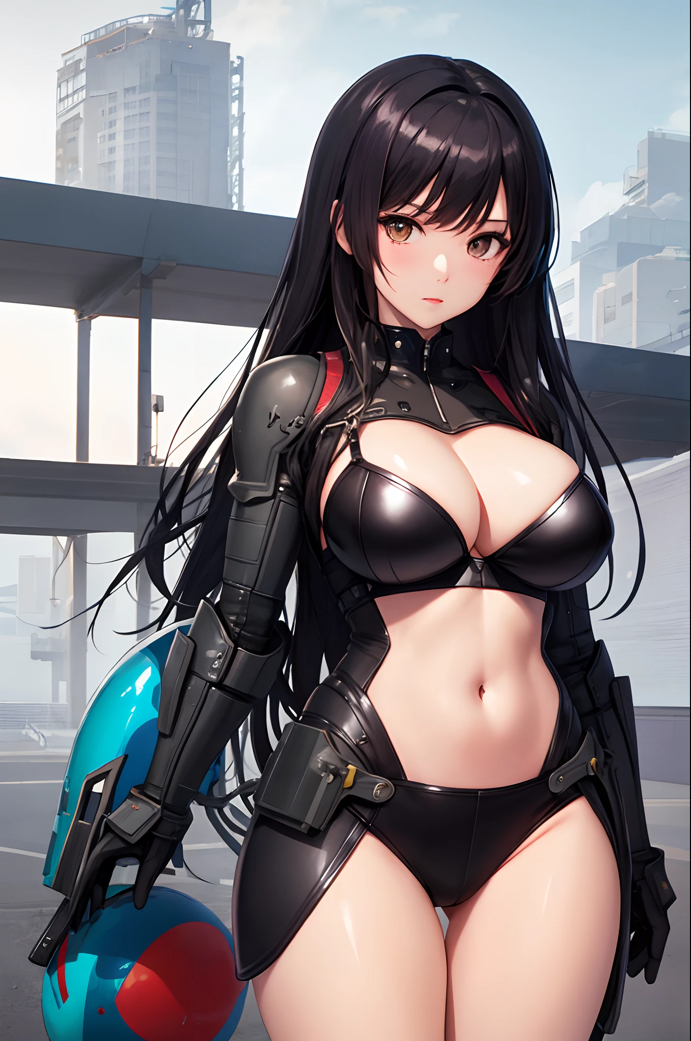 masterpiece、Top image quality、Black hair、Black bra、Colossal tits、mechs、animesque、8K,masterpiece, bset quality,Colossal tits、(1girl in)、((Pit Girl Suit))、shinny skin、Shiny big、dark-brown eyes、 ((top-quality))、 Crisp focus:1.2、Highly detailed facial and skin texture、A detailed eye、face perfect、perfect bodies、art by、nffsw、Blur the background、japanes、Big breasts with a strong presence、Circuit field、Blur the background、Cowboy Shot、