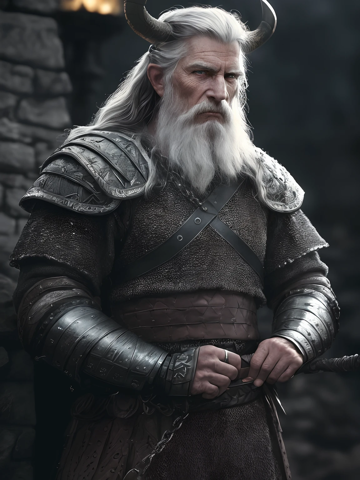 (Highest quality:1.3), cinematic shot, masterpiece, (sharp focus:1.5), (photorealistic:1.3), medium portrait of (a weary-looking but still proud and fierce-looking old Viking warrior, now the leader of his village, dressed in elaborately detailed chain mail and leather armour, a few torches burn on the walls, giving the scene a dark atmosphere but sculpting the forms in sharp chiaroscuro), it is night time, (highly detailed skin), (detailed face), detailed background, dark lighting, twilight lighting, volumetric lighting, intricate details, UHD,
