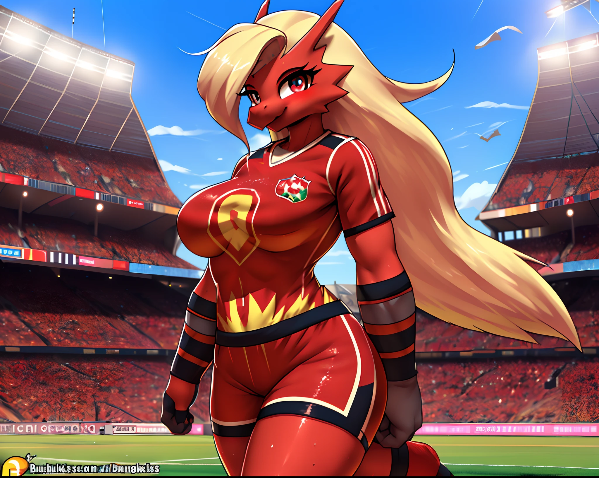 1girl ((Made by Burgerkiss)), Blaziken, ((solo)), ((big and firm breasts, antrum, extremely detailed, extremely detailed legs, extremely detailed arms, extremely detailed face, perfectly detailed eyes,,Nice thighs ,perfectly detailed anatomy)), looking at viewer, ((Wearing Red Shorts, Long Red socks, (Red national Norway Soccer Jersey: 1.2)), beautiful detail)) ((Night Stadium 50.000 Spectators))