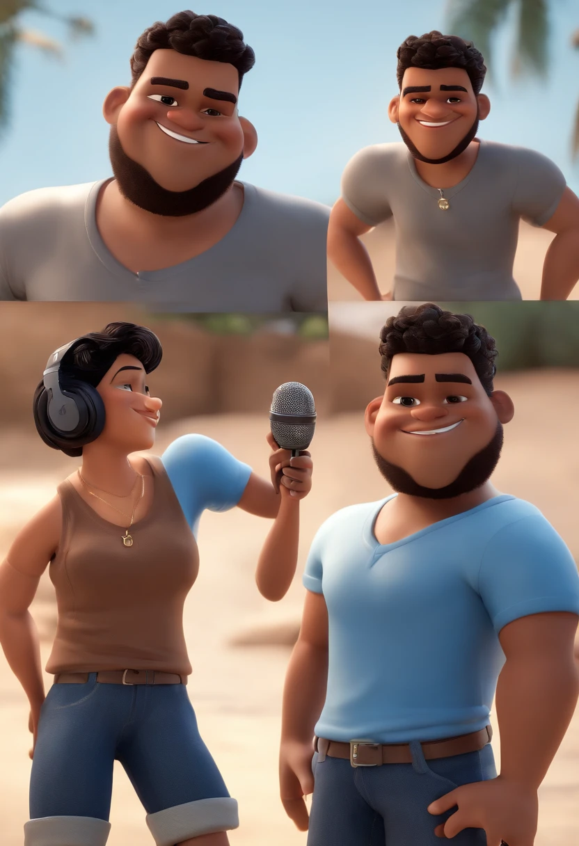 A Disney pixar character of a Man with short black hair, with brown eyes, drawn beard, blue and black t-shirt , wearing blue jeans pants and black and white nike dunk sneakers and holding a microphone in his hand and a mobile phone in other hand. animation character, Caractere estilizado, animation style rendering, 3D estilizado, Arnold Maya render, 3 d render stylized, toon render keyshot, Personagem 3D, Personagem 3D, 3d rendering stylized, 3d character render, personagem de desenho animado, Personagem de close up, Pose de personagem, (Estilo Pixar) (master part:1.2) () (best quality) (pele detalhada) (textura detalhada) (8k) (argila) (Cinematic lighting) (foco nítido