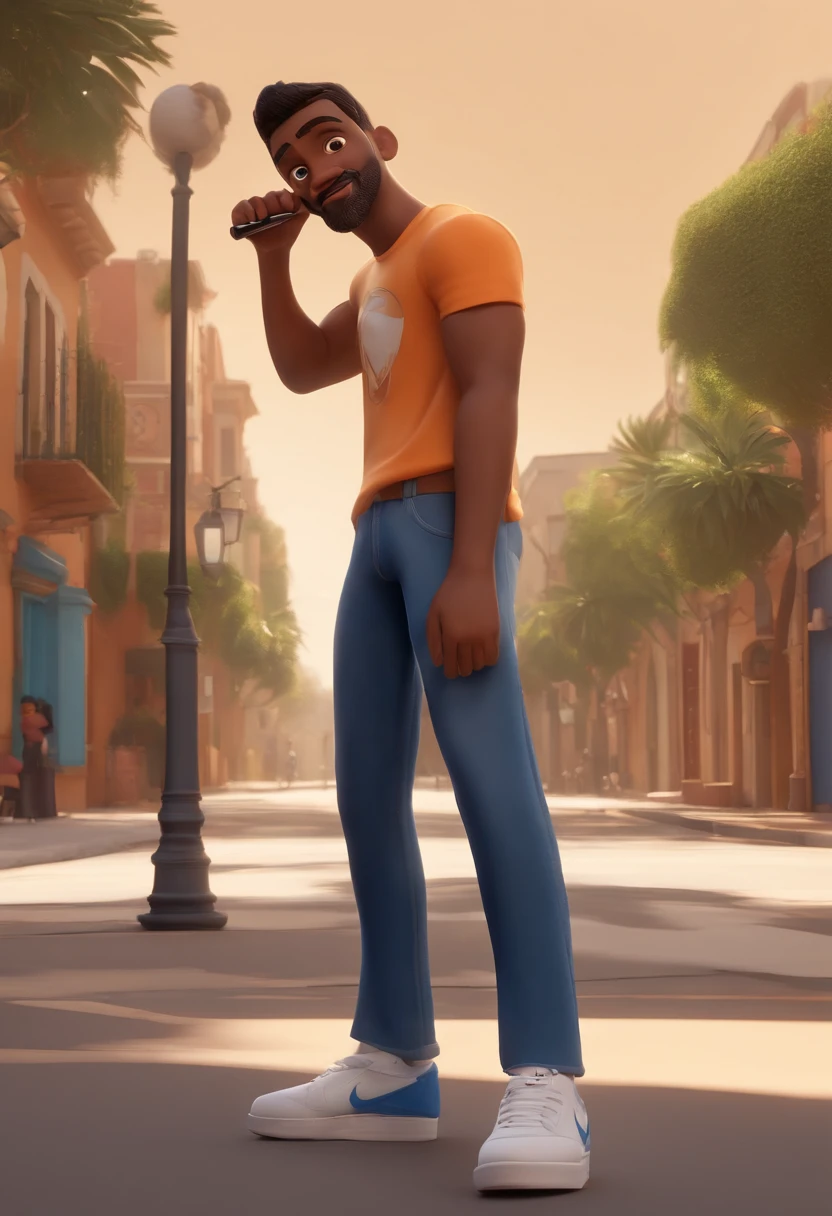A Disney pixar character of a Man with short black hair, with brown eyes, drawn beard, blue and black t-shirt , wearing blue jeans pants and black and white nike dunk sneakers and holding a microphone in his hand and a mobile phone in other hand. animation character, Caractere estilizado, animation style rendering, 3D estilizado, Arnold Maya render, 3 d render stylized, toon render keyshot, Personagem 3D, Personagem 3D, 3d rendering stylized, 3d character render, personagem de desenho animado, Personagem de close up, Pose de personagem, (Estilo Pixar) (master part:1.2) () (best quality) (pele detalhada) (textura detalhada) (8k) (argila) (Cinematic lighting) (foco nítido