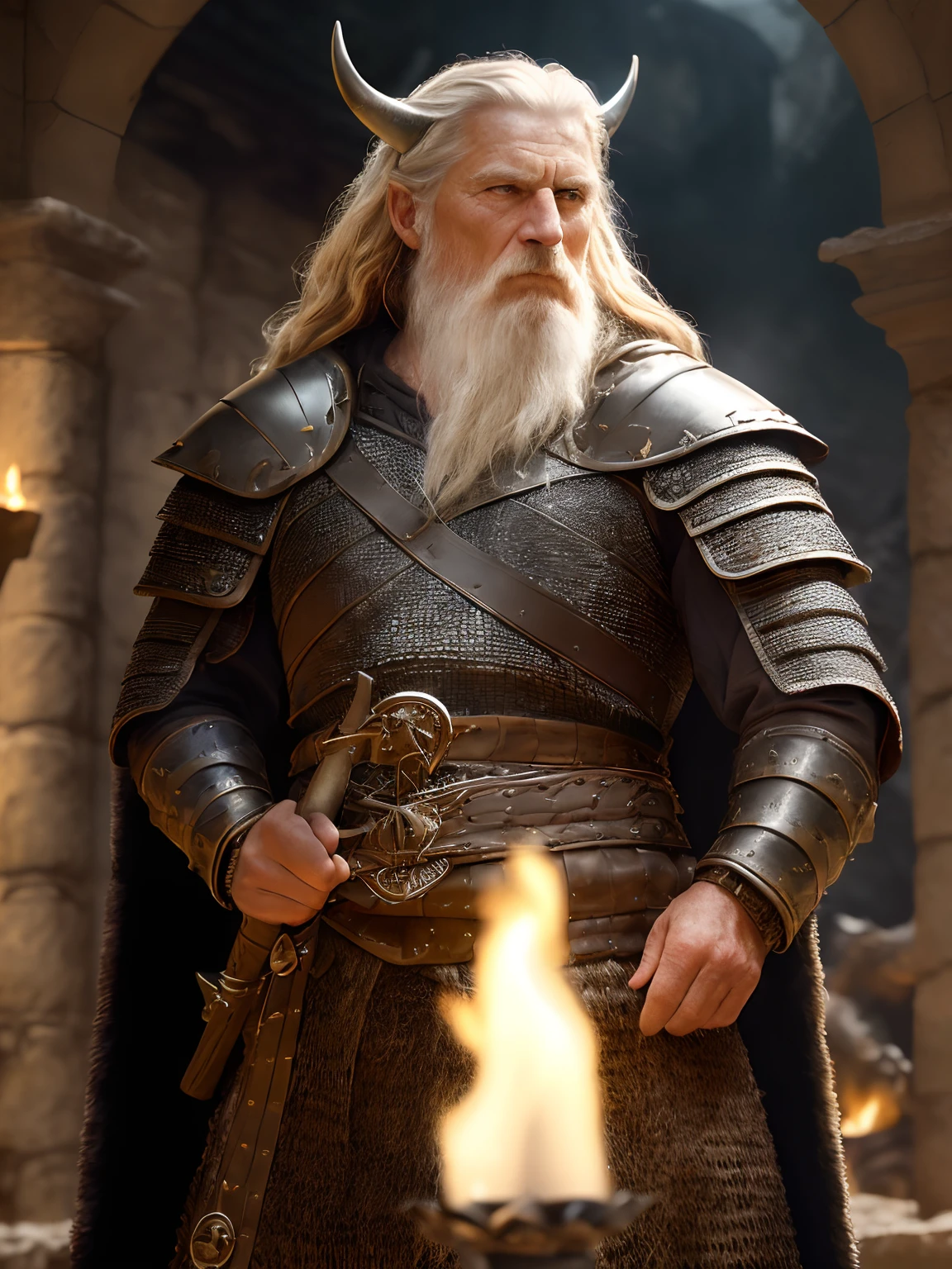 (Highest quality:1.3), cinematic shot, masterpiece, (sharp focus:1.5), (photorealistic:1.3), medium portrait of (a weary-looking but still proud and fierce-looking old Viking warrior, now the leader of his village, dressed in elaborately detailed chain mail and leather armour, a few torches burn on the walls, giving the scene a dark atmosphere but sculpting the forms in sharp chiaroscuro), it is night time, (highly detailed skin), (detailed face), detailed background, dark lighting, twilight lighting, volumetric lighting, intricate details, UHD,