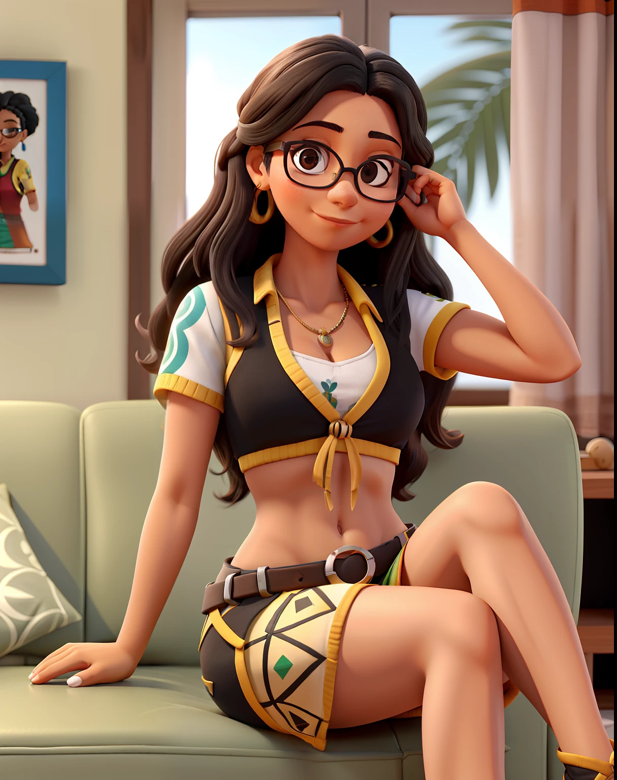Mulher, cabelo no ombro, franja reta, pele morena, Black Eyes Glasses, with indigenous features, mexendo, no celular, sitting on the couch in her house