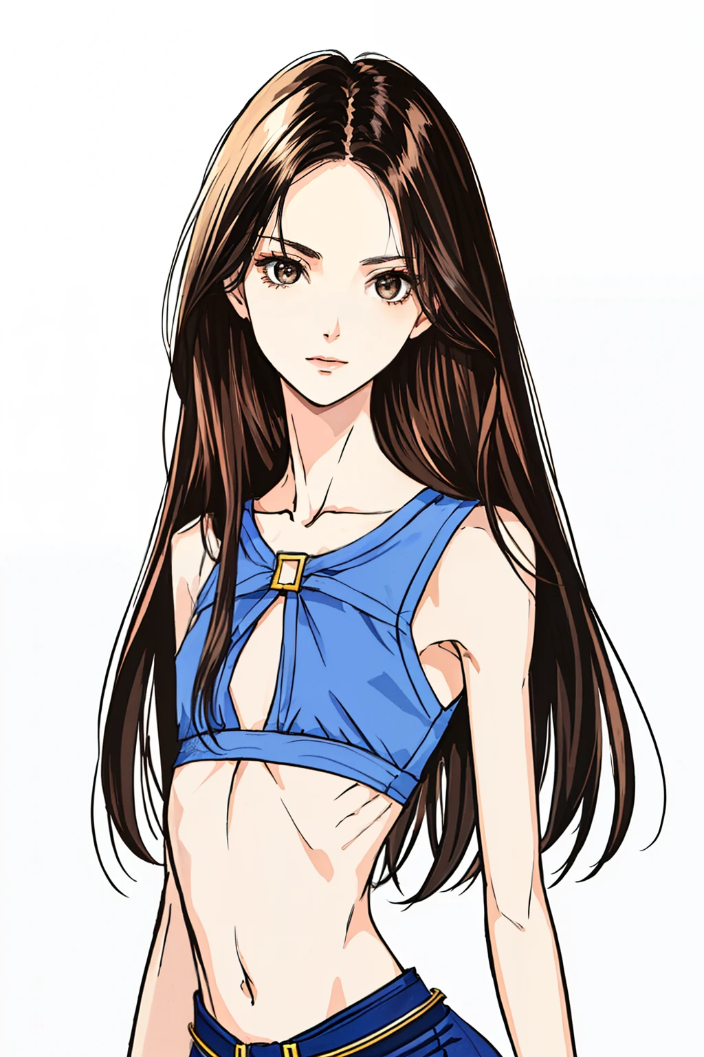 ry very so skinny young woman, very beautiful skinny Charli D'amelio, ((Charli D'amelio)), ((so very skinny girl: 1.3)), ((anorexic beautiful model: 1.3)), skinny girl of 20 years old, black long hair, black hair, Straight Hair, ((beautiful very skinny girl)), naked, ((very fine and very small waist)), ((very very small waist: 1.8)), ((so very tiny waist)), ((ribs visible: 1.2)), Very thin and delicate face, thin arms, thin legs, fine and beautiful face. ((Very very skinny and fine body)), small breats. ((Anorexic skinny girl: 1.3)), realistic, HD, color, 8k, high quality. ((Very anoréxic skinny body)). Very thin and delicate face, small nose, white background, (brown eyes), very beautiful skinny and malnourished girl, so very anoréxic beautiful girl. young woman with an ectomorphic body type, ((a thin belt extremely adjusting the tiny waist: 1.3)), ASU1, Realism