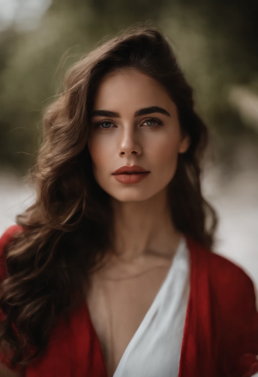 A close-up portrait of a 20-year-old red girl with a white background in neutral tones, labios rojos y ojos azules, los rayos deben resaltar los detalles, especialmente alrededor de los ojos y los labios. El cabello debe verse natural, suelto y ligeramente peinado, The facial expression should be released and the confident image should capture a soft and serene environment with the focus, predominantemente en la cara del sujeto y el cabello.