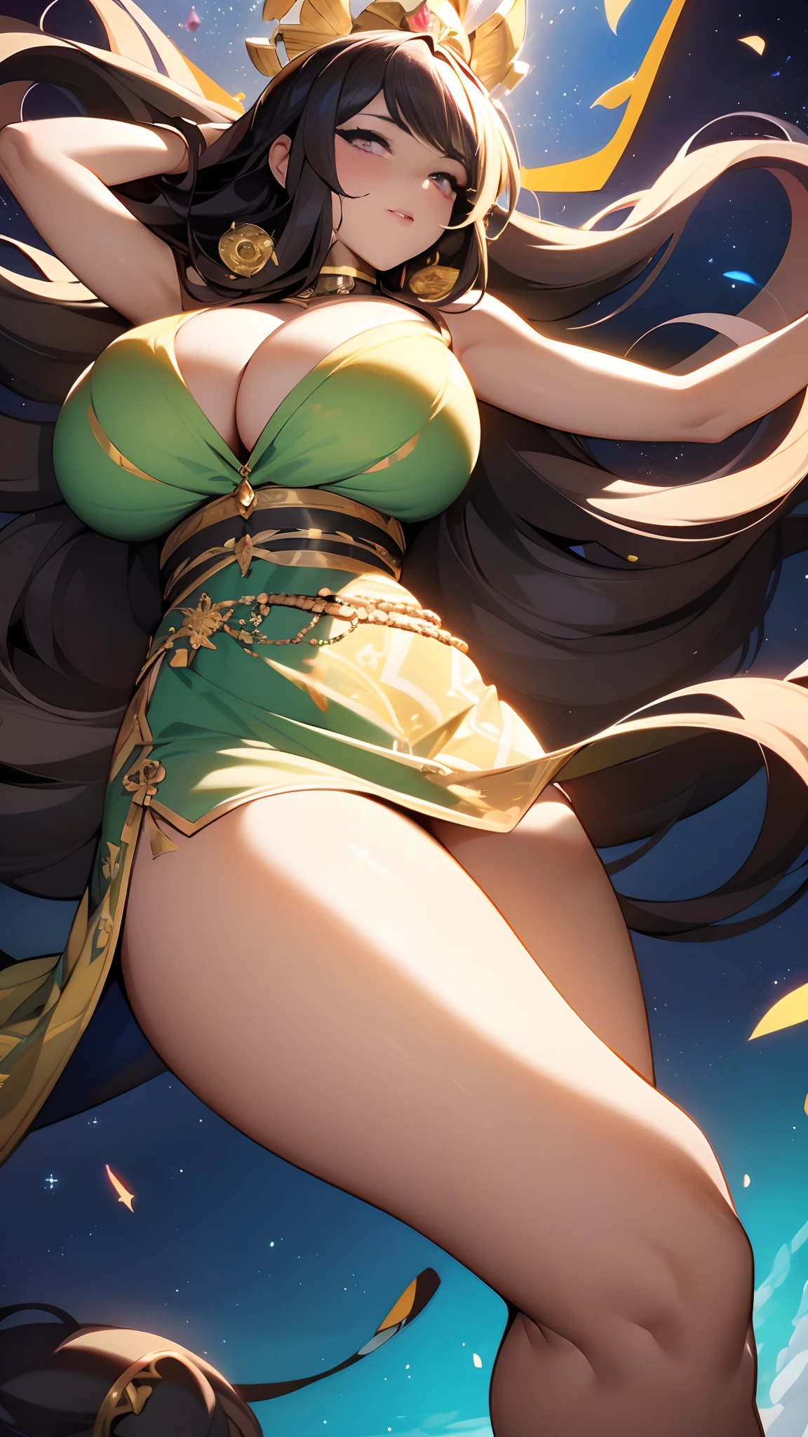(dark brown skin:1.3), Majestic view (multi-colored hair, Hair gradient, Hair color from blue to peach, without bangs, curly curl on the cheek, hairstyle: high ponytail, long tail), The eyes are crimson-red, Environment change scene, (The hair is surrounded by the bursts of the galaxy),(Her hair turns into galactic clouds:1.3), The Moon in the Night, Stars, wide eyes, Lashes, side glance, Crystal hair, Glowing Hair, shirt with collar, galaxy, Wild Xavante India, extreme tanned skin, full body image, extreme long black straight hair messes over naked boobs, huge macaw blue parrot feather headdress, East Asian original art character design, 1girll, Solo, Gray-haired, full bodyesbian, hair adornments,  mythology,epic fantasy art, big cheeks, long legs, curvy, indigenous yellow and green breast painting, breast painted blue and yellow, indigenous yellow and green facial painting, Long hair, Gradient, full body image centered around the buxom young miller's exceptionally attractive with big breast and reavling exposed cleavage with wide hips and narrow waist and exuding an alluring and voluptuous physique that radiates warmth and sensuality, gisele bundchen, cheerfull and happy expression on her face, hyper-realistic photography portrait, beautiful lips,detailed large eyes, Her eyes are a striking and inviting feature, realistic body details scar and fracture, extreme abnormally huge boobs, erotic fantasy, tranquil flower princess with soft hair dancing in the wind and intricately braided. Her sweet face has puffy, kissable lips and stunning, highly realistic eyes, hires eyes, 8k eyes, beautiful detail eyes, realistically shaded eyes, dazzling big eyes and realistic eyes in vibrant colors. She is wearing delicately detailed colourful fabric of gossamer silk and satin, beautiful flowers of varying sizes and colors, with delicate flowers dancing in the wind and creating a dynamic and compelling image
