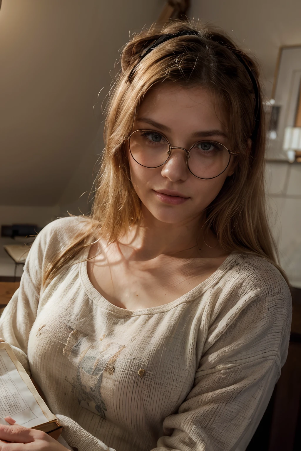 1 woman, 30yo,realistic photo, close-up:1.6, she is curled up in cozy corner, painting a romantic scene with 1 man 1 woman embracing, painted:1.4), she's creating (romance novel cover art:1.3) , she has reading glasses on and is intensely painting in her dark room under (one lamp light:1.1), (Rembrandt lighting:0.9) , (she's wearing comfy sweatshirt with cartoon graphic print on it, sweatpants and fuzzy slippers,),(her glasses are falling towards tip of her nose:1.2) , (relaxed intimate photoshoot), blonde hair, beautiful face, slight smile, (perfect single tiffany stained-glass light:1.2), painting supplies, water dish, art posters in background, cozy relaxed, with head down her eyes look up at camera, catching us, beautiful hands, kind eyes, (interior reading corner is beautiful:1.6), gorgeous soft warm lighting:1.4,, incredible details, ((high contrast)), (deep, darkest shadows), (shadow details:1.0), ((taken using Leica camera, aperture: f/2.3)) , hyper-realistic skin, pores and freckles, (she has blonde hair, long and messy, narrow pastel hairband), healthy skin, blushing, her arms relaxed holding book, blankets around her, relaxed moment, she's in dark with natural light glow, (romantic light:1.2), radiant skin, perfectly framed face, perfect relaxed hands, perfect fingers, (perfect portrait, incredible eyes:1.1), a work of art, beautiful composition, golden ratio, playful joy, inspiring, (highest quality fabric texture), every detail,Fine facial features – (Highest Quality) ,Leica camera film, High quality ○○ detailed – ○○ details ultra detailed(Ultra-fine ), Photorealistic, Extremely detailed(Extremely detailed) , (highest detail image, lens flare, realistic)○○ res – ○○ resolution ultra high res(A high resolution),playful relaxed photos