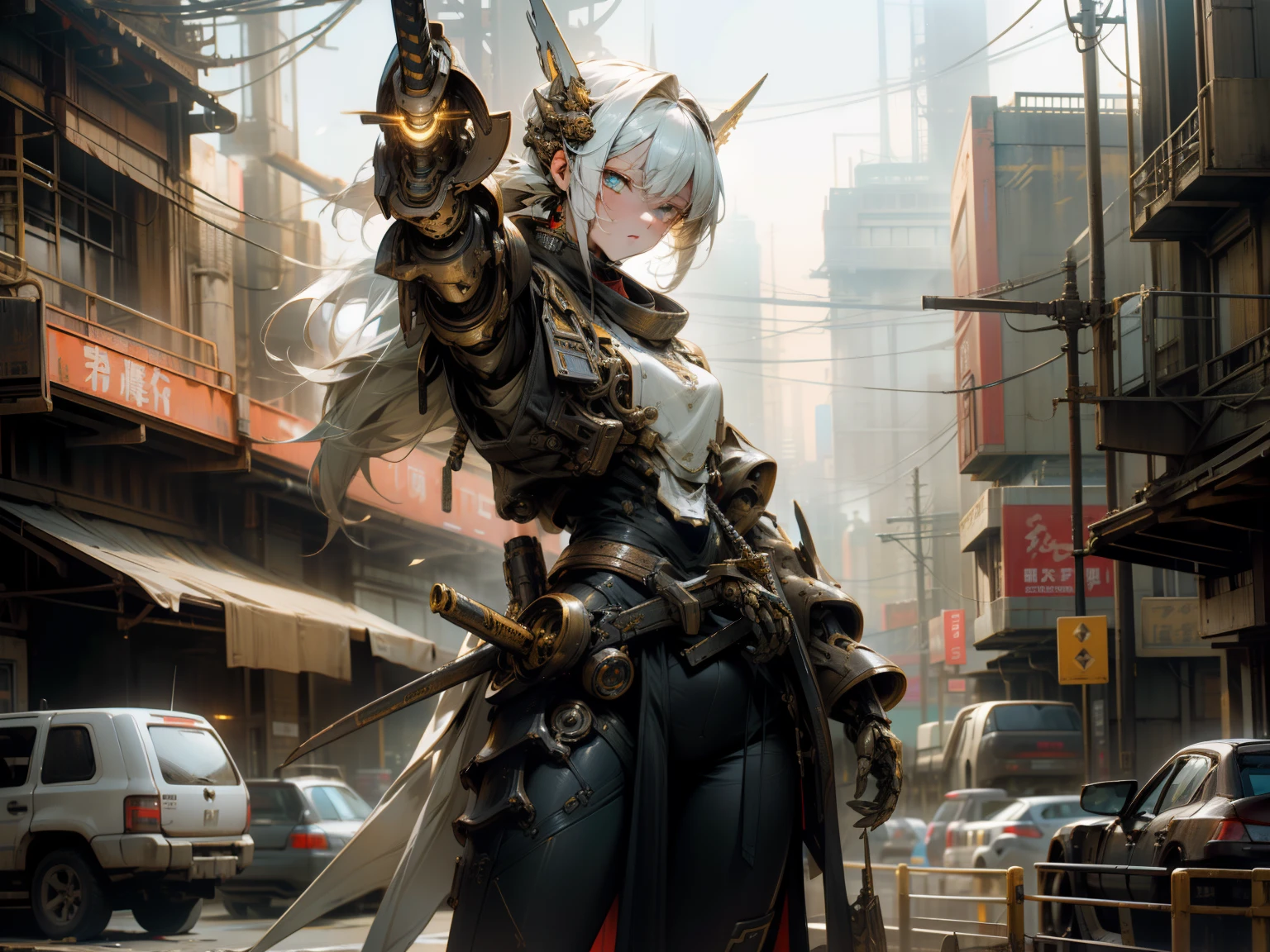 Futuristic city、Ruins、No humans、buliding、radiant eyes、Golden Mechs（Weathering、Dark）、scientific fiction、城市、Realistis、mechs、Photograph the whole body、low angles、neons、cyberpunked、Detailed artwork、电影灯光、Dark Fantasy、cyberpunked、(The greatsword raised above、swordsmen、)、1 body、Mechanical wonders、Robotic presence、Cybernetic Guardian、Wearing a worn-out mechanical armor suit（Dragon-like head（Three-dimensional、Fine details、Elaborate）、slender、Streamlined、Female-like body shape、The tail grows from the waist）、 with an intricate、(steel metal[Rust])、Elegant and sharp focus、Soft lighting、Pale and dark colors、​masterpiece、(Street))、cowboy  shot、dynamicposes
