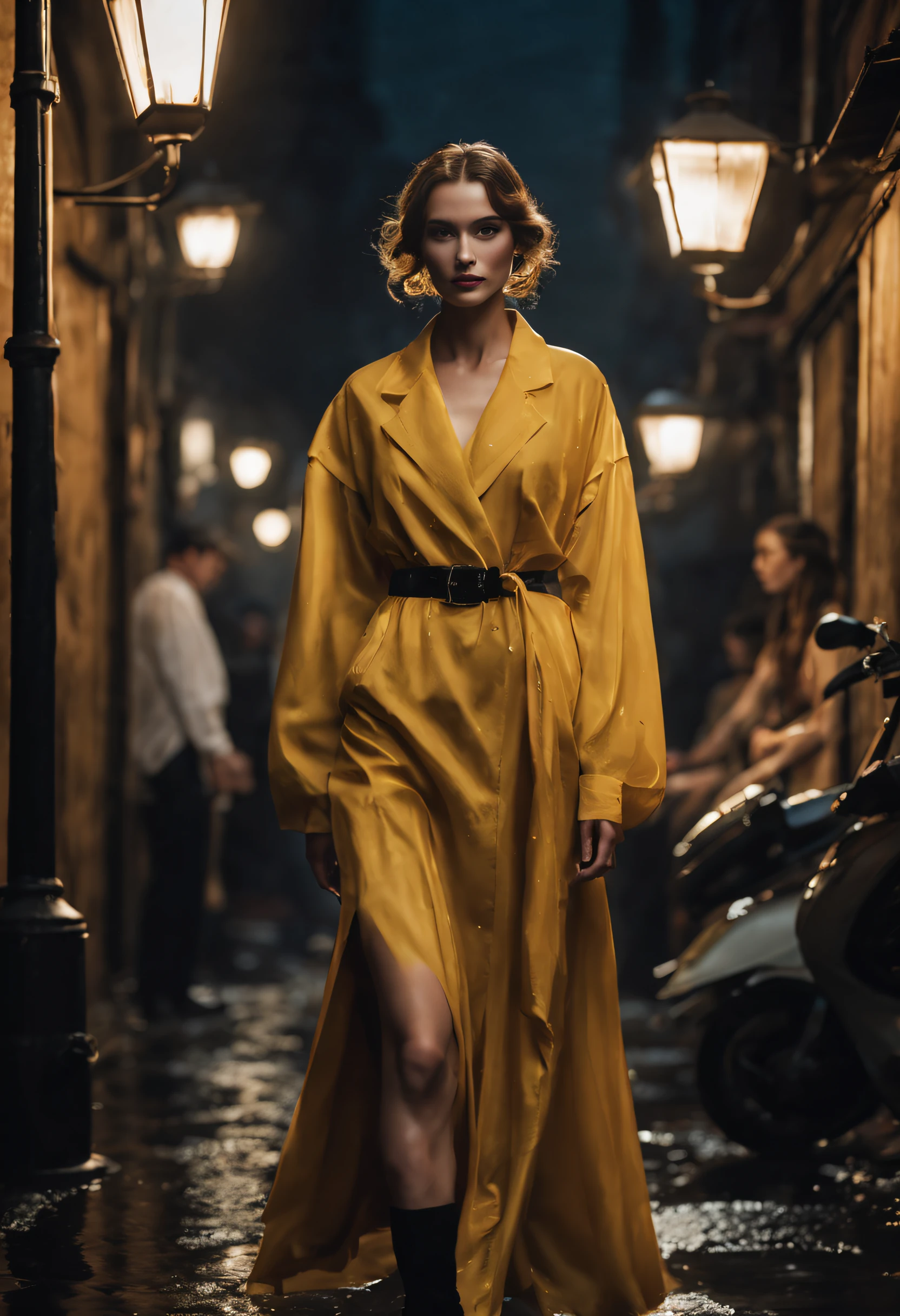 In a rainy night alley, a fashion show is taking place. Models are wearing vintage-style clothes and standing on a narrow and dimly lit street. The yellow light from the street lamp illuminates their elegant figures, and the fabrics on each person have a flowing texture. Rainwater pours down from the sky, wetting their hairstyles and makeup, but they still maintain confident smiles. The smoke fills the air, adding a layer of mystery to the entire scene. (best quality,4k,8k,highres,masterpiece:1.2),ultra-detailed,(realistic,photorealistic,photo-realistic:1.37), portraits,landscape,horror,anime,sci-fi,photography,concept artists, vintage style clothing, models in confident poses, narrow and dimly lit street, flowing fabric texture, wet hairstyles and makeup, smoke-filled atmosphere