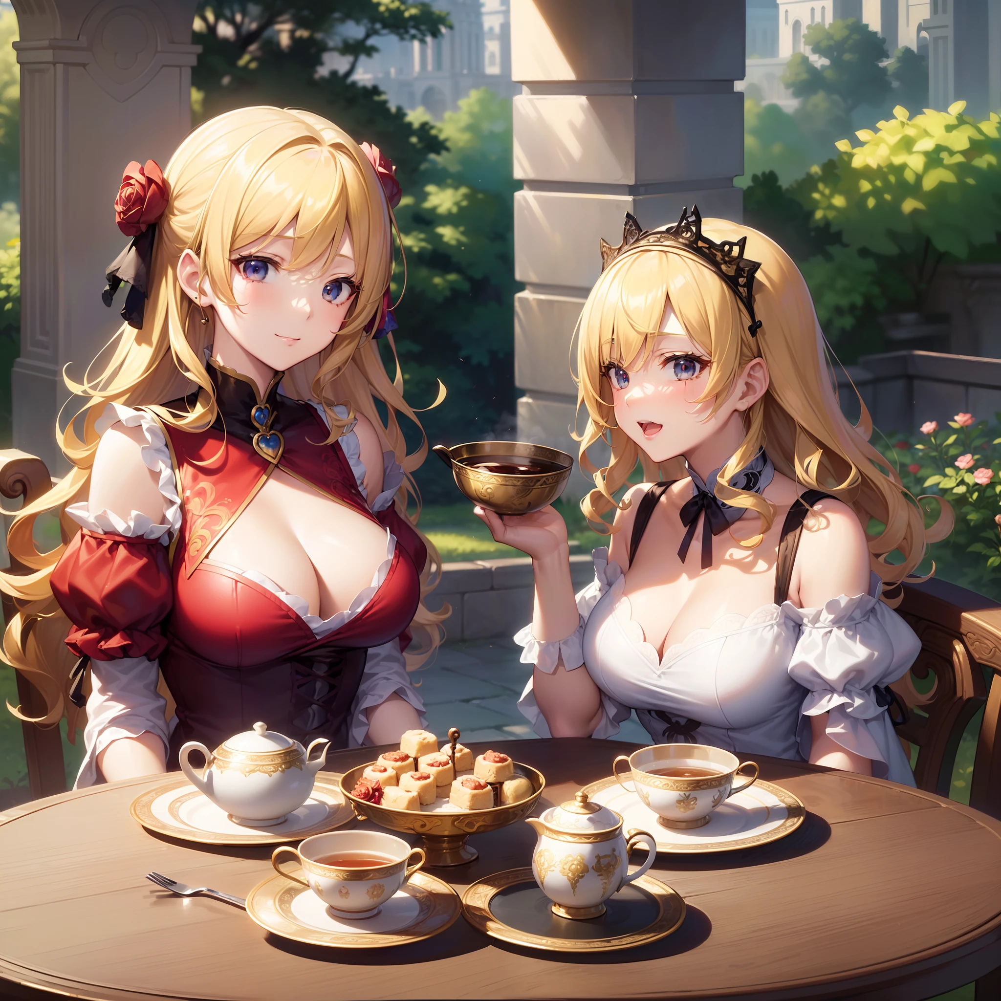 ((masutepiece)),(超A high resolution),(ultra-detailliert),Anime at its best,(Intricate and detailed palace gardens:1.4,tea party), ((1人の女性),(Blonde hair with curls at the ends))