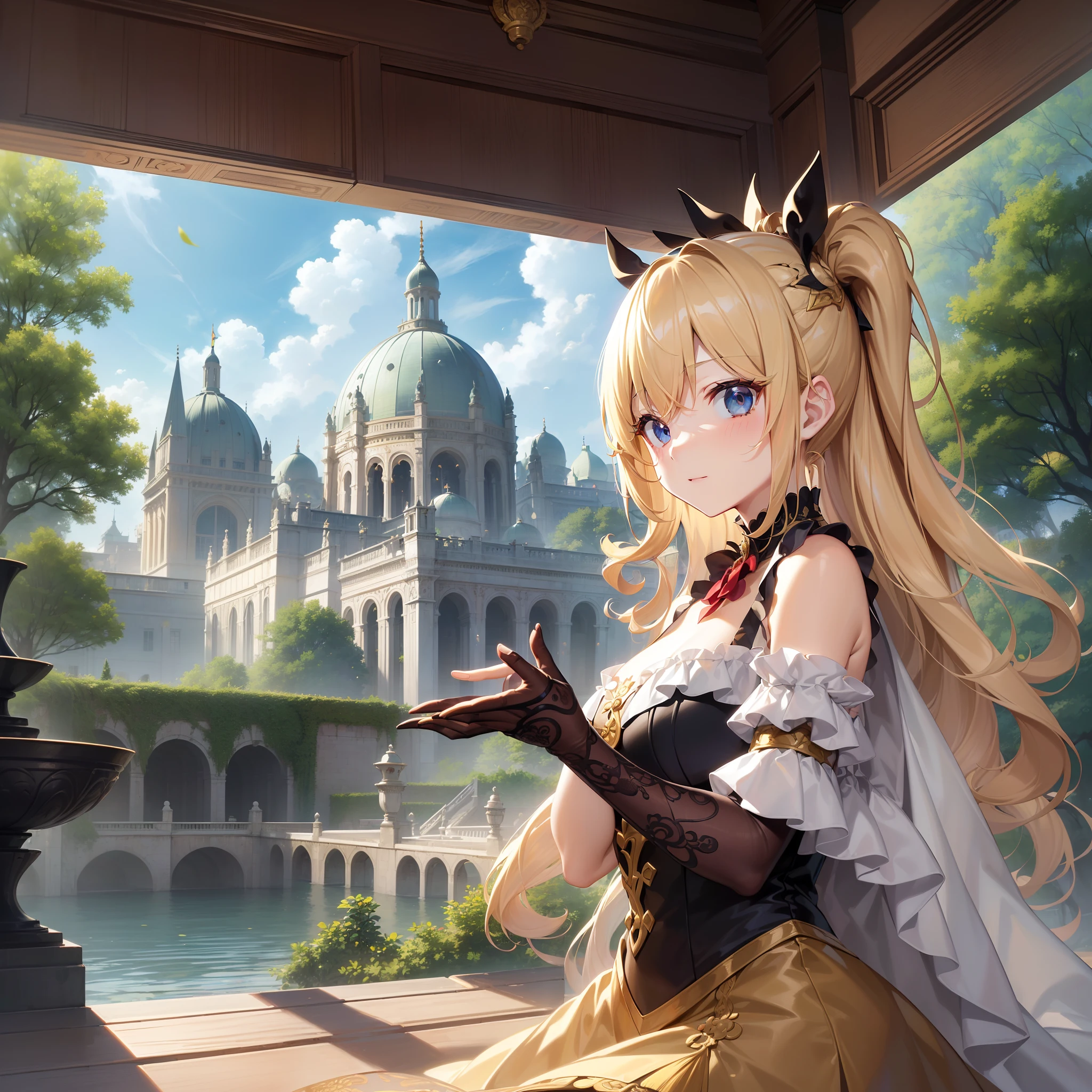 ((masutepiece)),(超A high resolution),(ultra-detailliert),Anime at its best,(Intricate and detailed palace gardens:1.4,tea party), ((1人の女性),(Blonde hair with curls at the ends))
