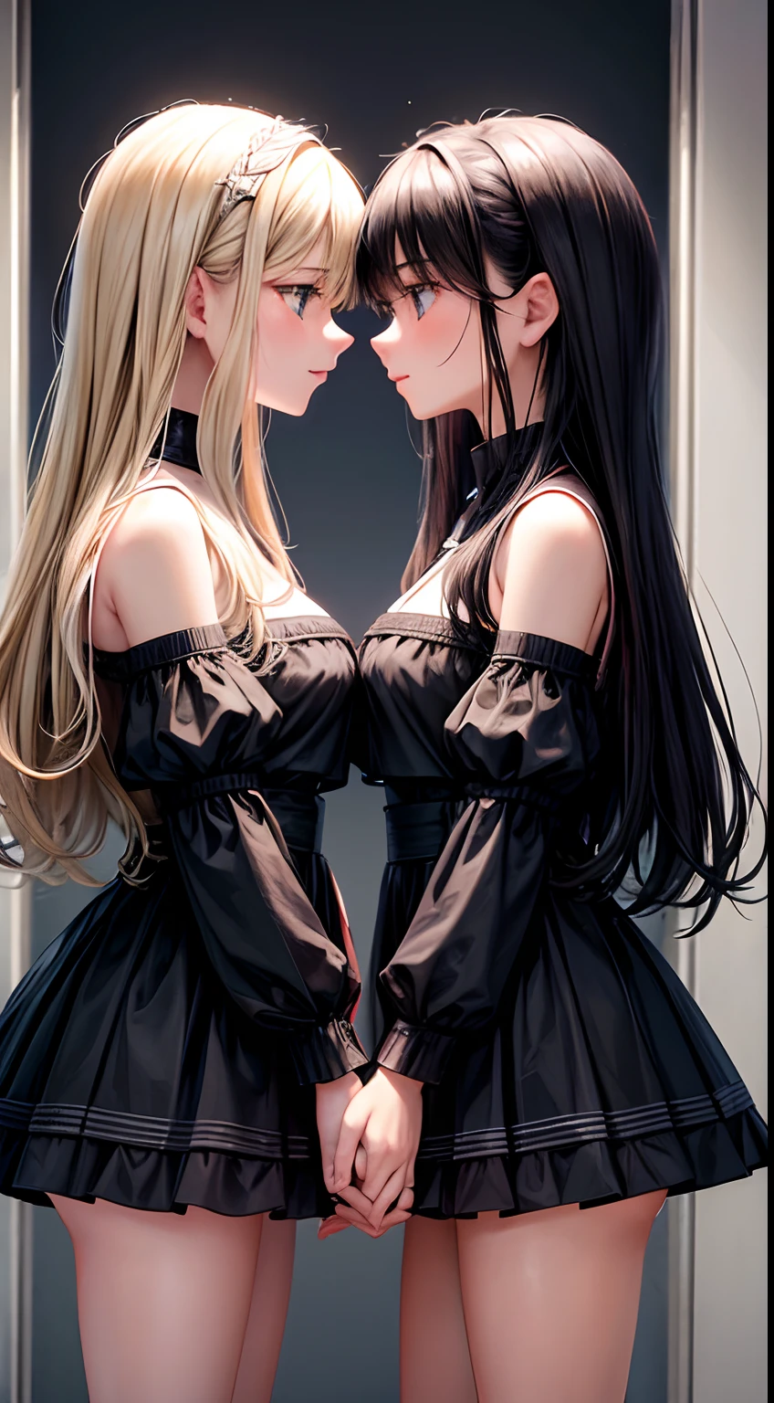 Two girls,Equal stature,Black hair and blonde hair,Face to face,Hold each other,The two bodies are close together