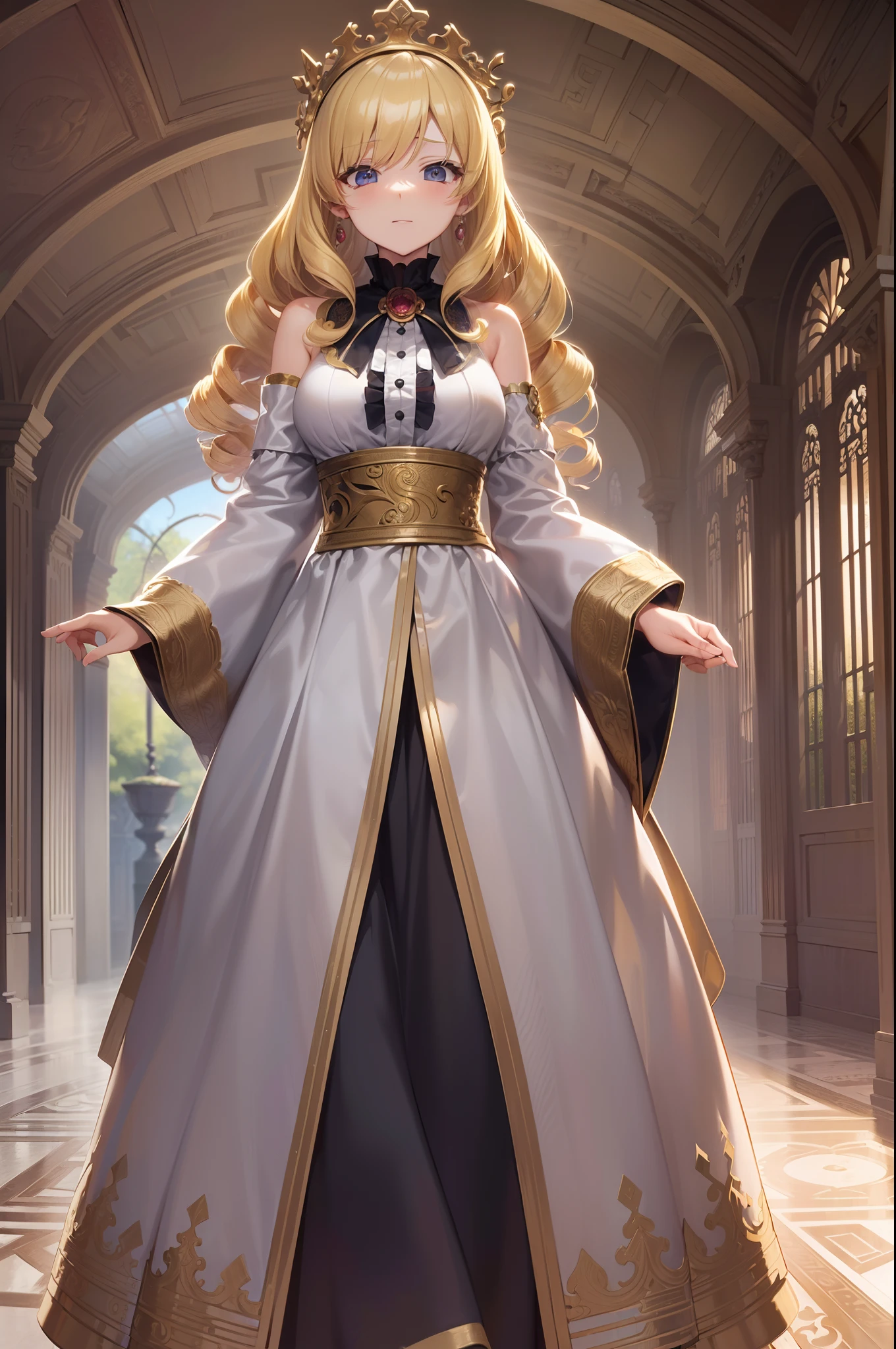 ((masutepiece)),(超A high resolution),(ultra-detailliert),Anime at its best,Intricate and detailed palace gardens:1.4, ((1人の女性),(Blonde hair with curls at the ends))