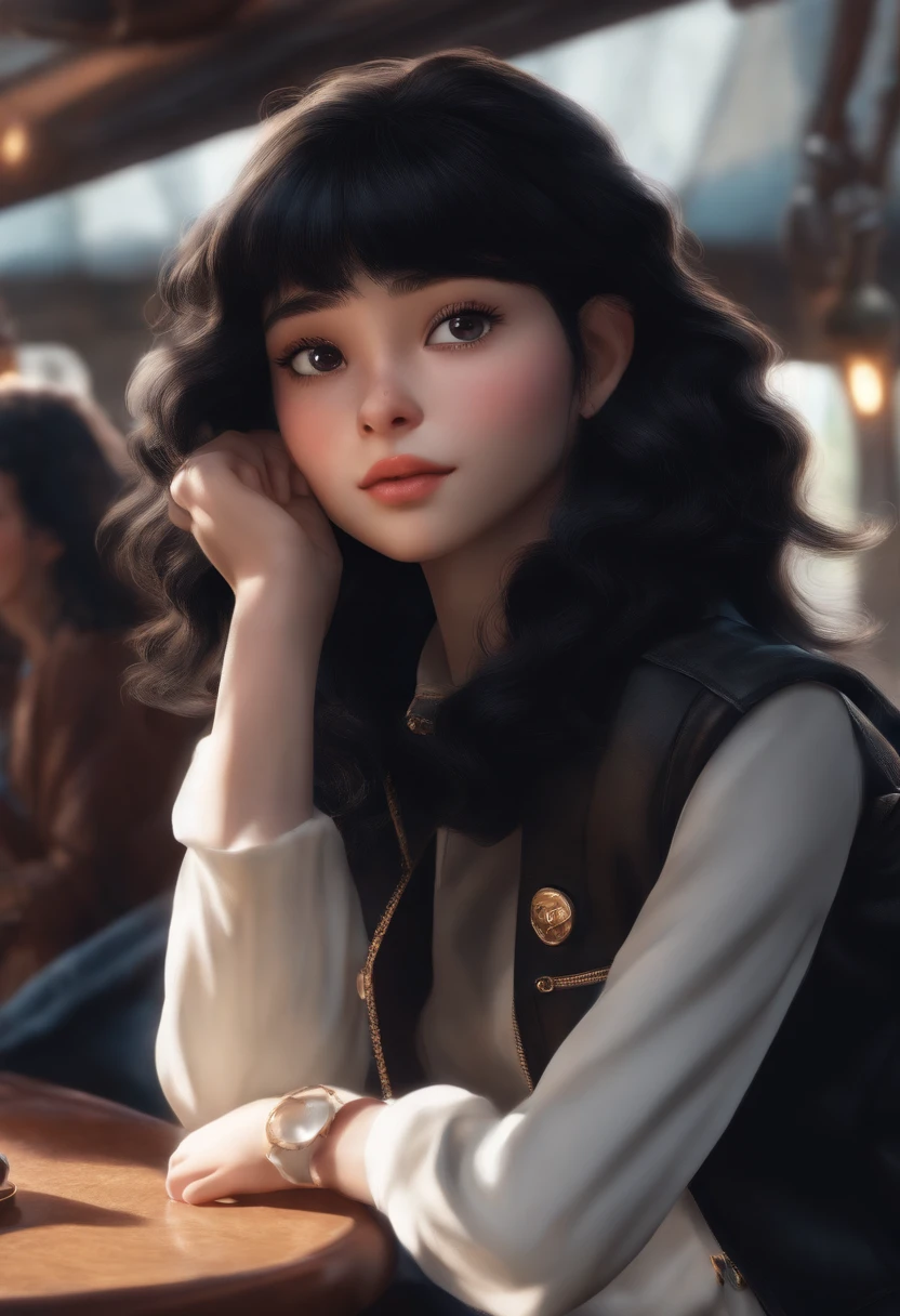 Image of a girl who has big black hair, is straight, brown eyes, white Pele, black clothes with jacket in Pixar format,