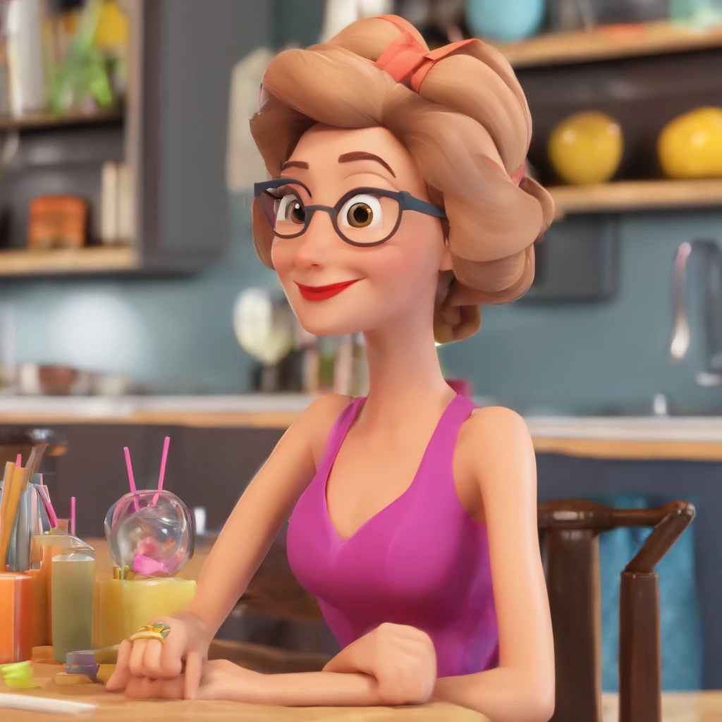 Crie uma cena de desenho animado estilo 3d -Pixar, Onde uma mulher, de cabelos cacheados negris com 49 anos de idade, ela esta costurando de vestido e avental.