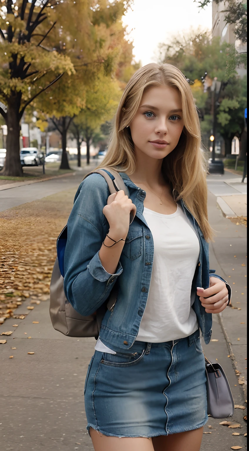 a photo realistic beautiful 26 years old model woman with blonde hair and blue eyes, cute and innocent. Clothed with classy autumn clothes and wearing a backpack in front of an old looking University of California in the background