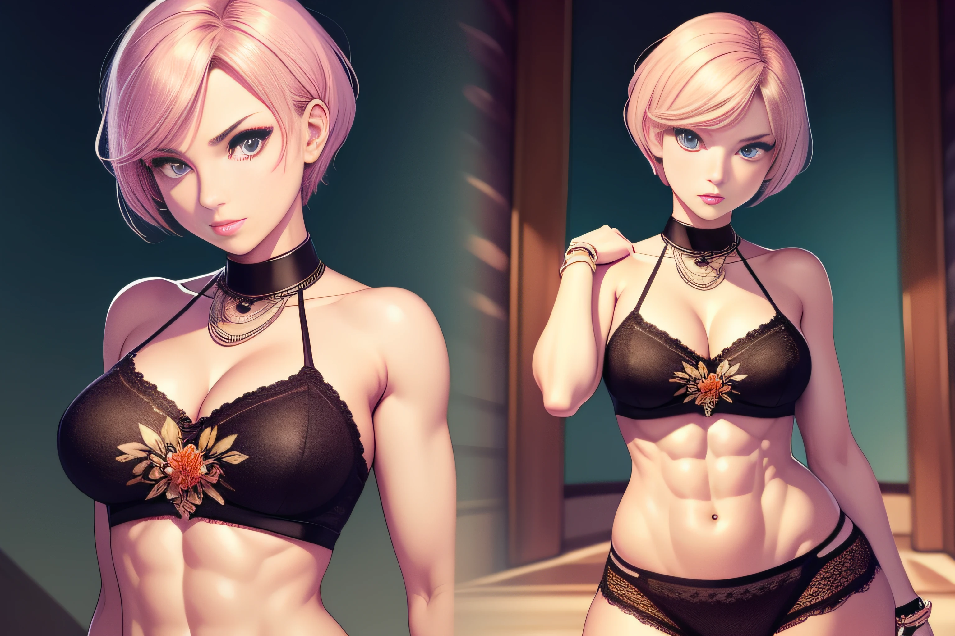 cmodel, digital illustration, (masterpiece:1.2), high quality, detailed eyes, extremely beautiful young female, short hair, streetwear, thicc, (abs:1.2), (bloom:1.2)