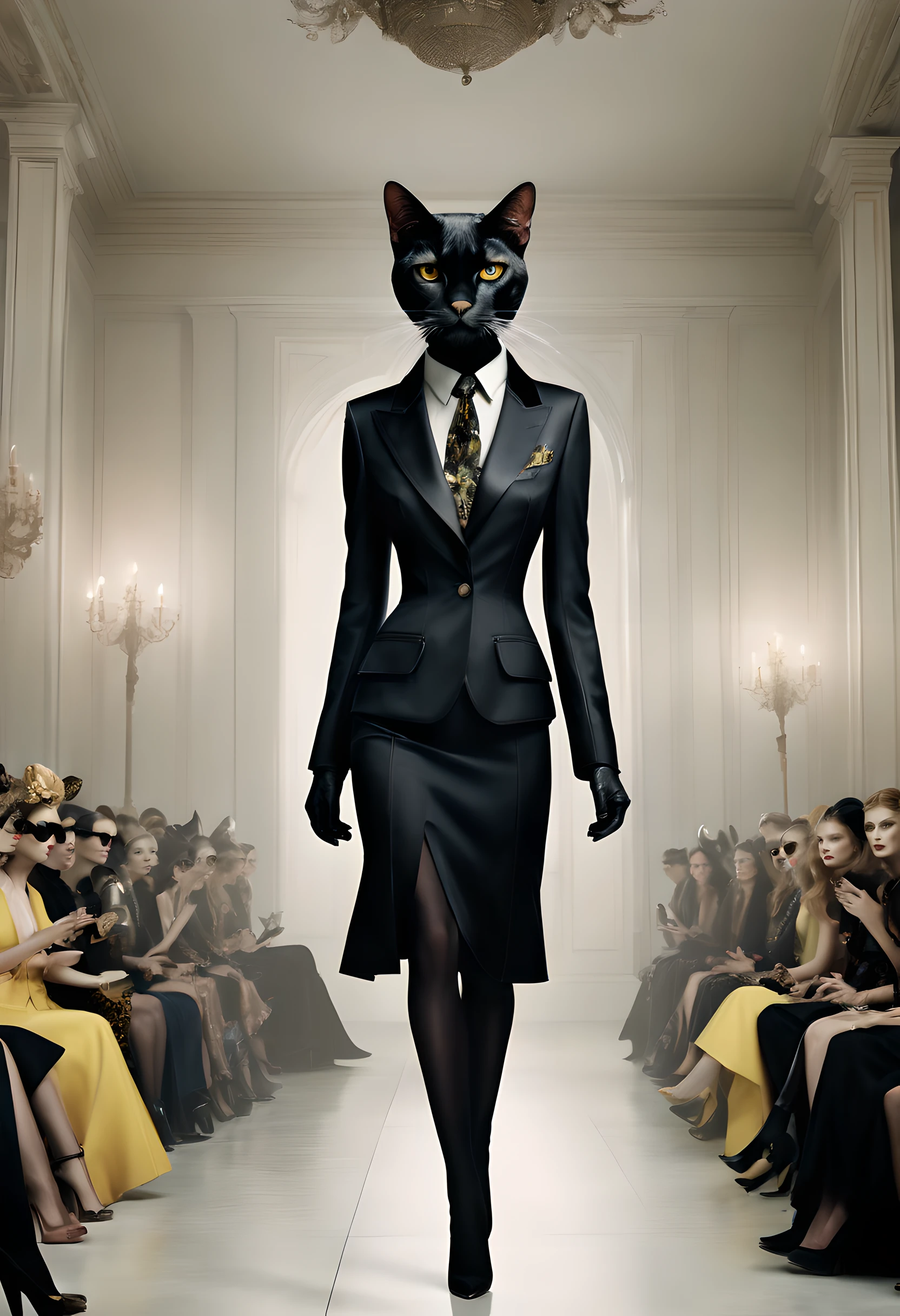Step into a world of high fashion with this captivating prompt for a fashion show featuring anthropomorphic animals, where elegant feline models strut down the runway in avant-garde designs. The composition showcases the sleek and graceful movements of the cat models, with their perfectly tailored outfits accentuating their feline features. The use of dramatic lighting and bold colors adds to the glamour and sophistication of the event, leaving viewers in awe of the creativity and style. Directed by renowned fashion photographer Tim Walker.