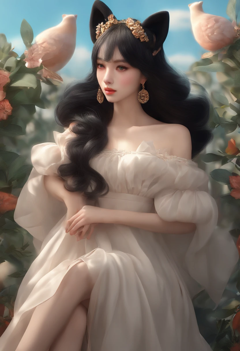 black hair, hair bobbles, wince, longeyelashes, solid circle eyes, fake animal ears, light smile, ear blush, fang, Surrealism, drop shadow, anaglyph, stereogram, tachi-e, pov, atmospheric perspective, 8k, super detail, ccurate, best quality brasileira, naked full body