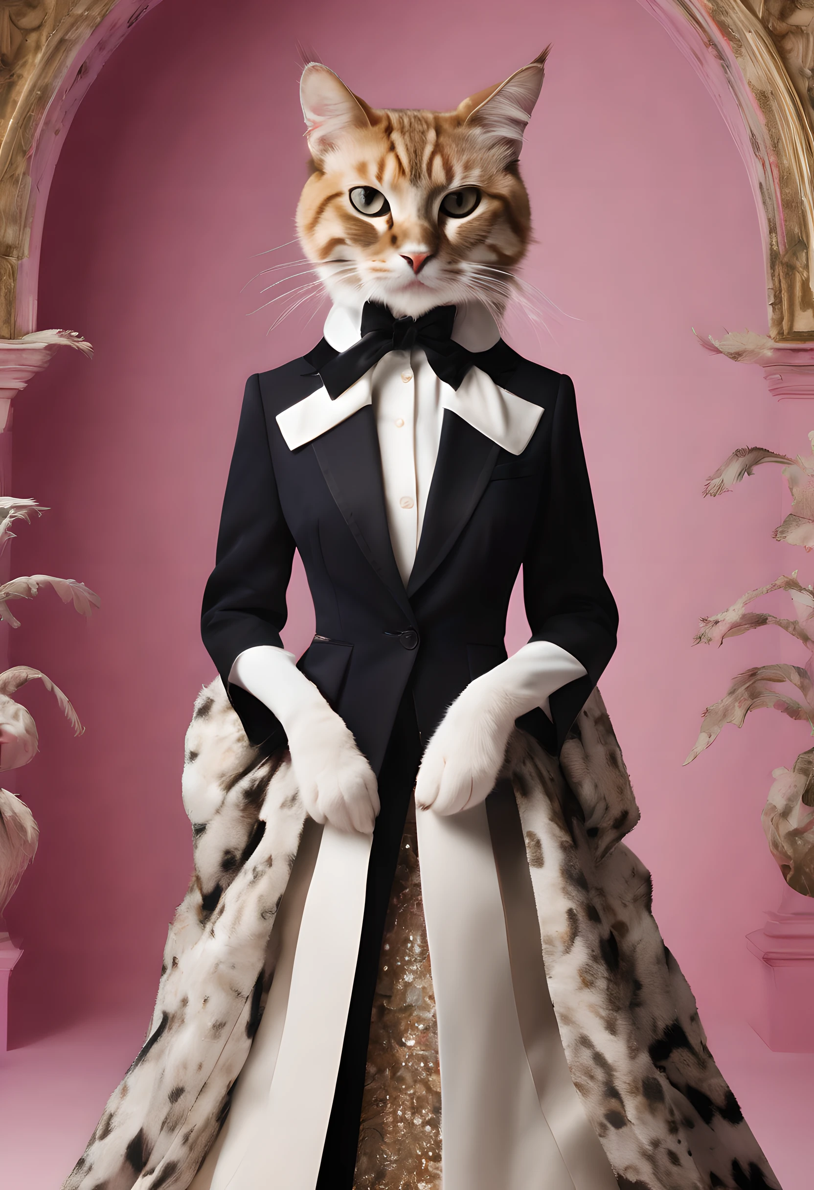 Step into a world of high fashion with this captivating prompt for a fashion show featuring anthropomorphic animals, where elegant feline models strut down the runway in avant-garde designs. The composition showcases the sleek and graceful movements of the cat models, with their perfectly tailored outfits accentuating their feline features. The use of dramatic lighting and bold colors adds to the glamour and sophistication of the event, leaving viewers in awe of the creativity and style. Directed by renowned fashion photographer Tim Walker.