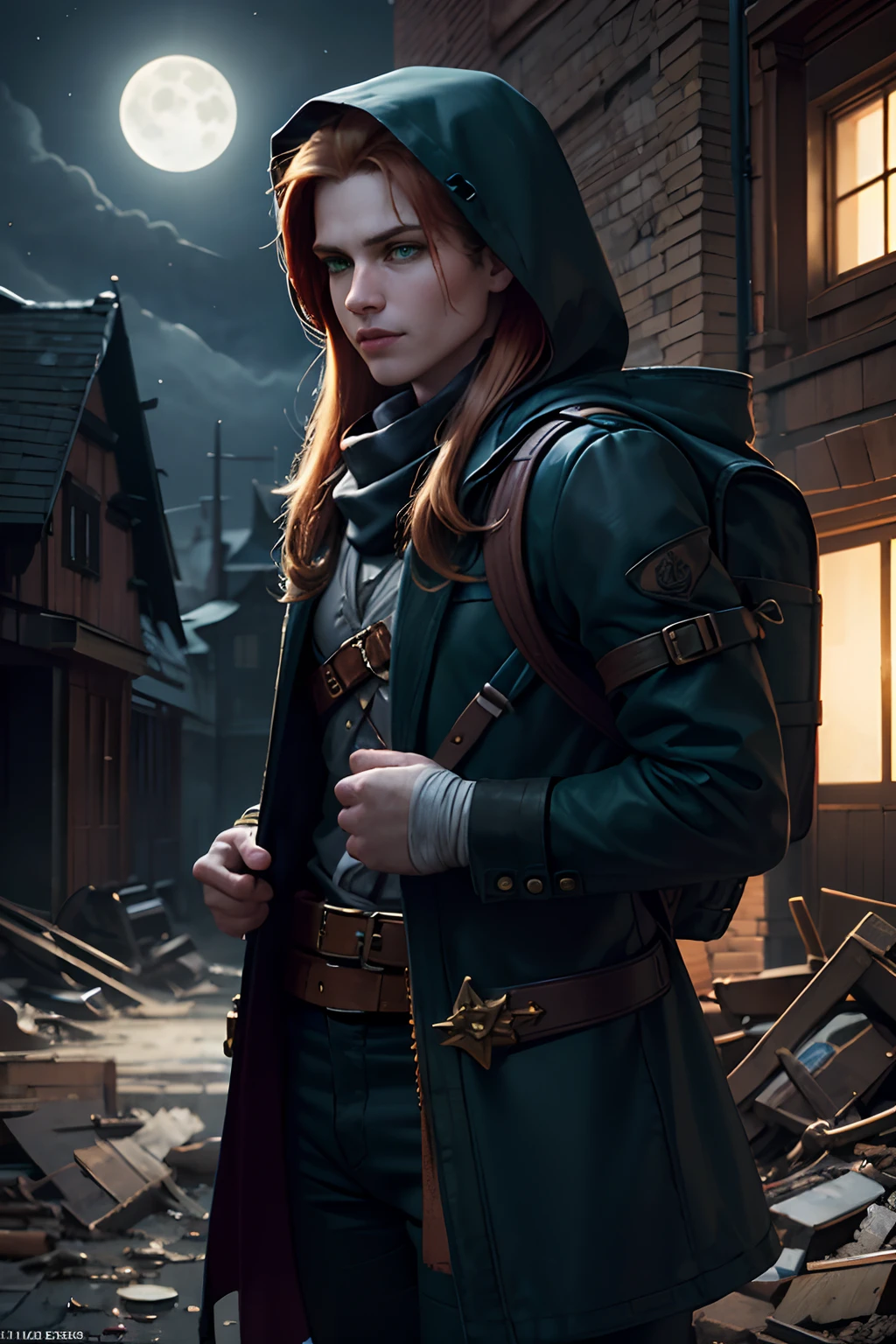 cowboy shot of rogue male, long ginger hair, green eyes, black torn coat, multiple belts, bandages, backpack, daggers in belt, hood up, scarf, dark abandoned building, pile of golden coins, treasures, fantasy, night time, sift lighting, subsurface scattering, lumen reflections, raytracing, moonlight,