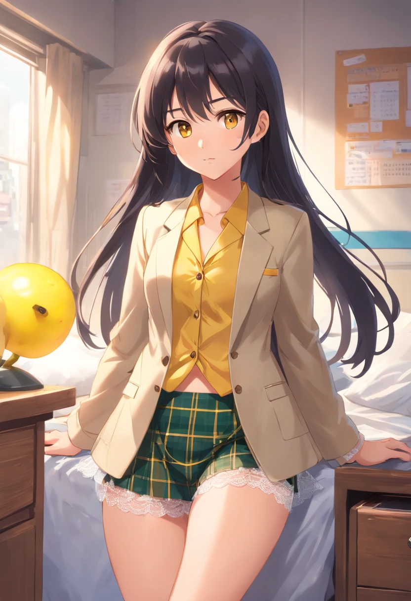 1girl(masterpiece)bestquality,(bare skin)((school wear))(blazer)(tuckup)(lace underwear)(yellow pantie)(plaid pantie)mini Skirt,(bed room) blackhair,long hair,((grabmybutt))((stick out my butt))((touch pantie)) (banana)(stuff one's cheeks banana)