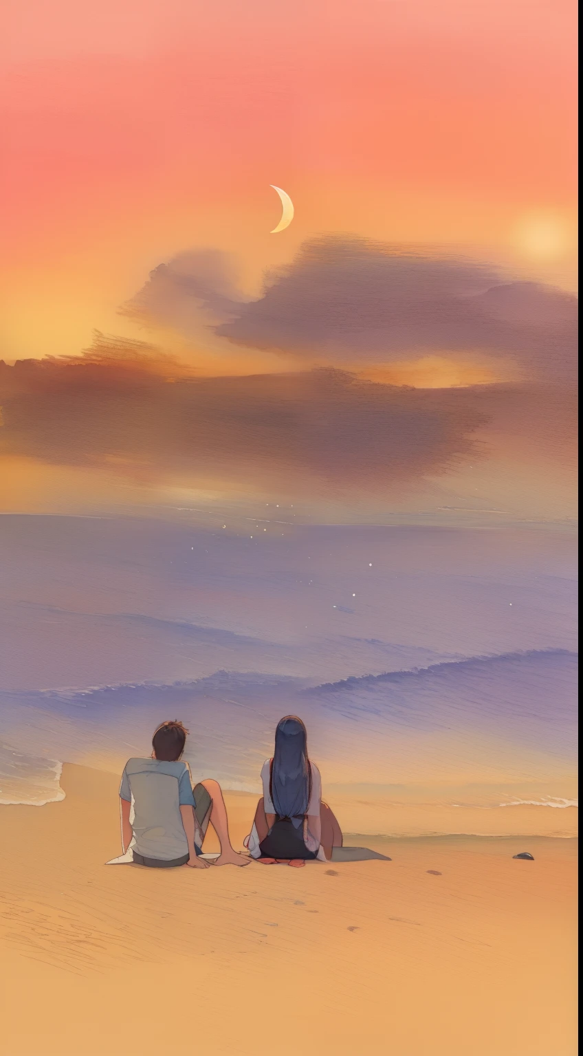 Two people sitting on the beach,Look at a painting of the sunset, watching the sunset, On the beach at sunset, beautiful painting of friends, detailed watercolour, romanticism painting, on the beach during sunset, Painting of two people, at beach at sunset, at the beach on a sunset, Calm and contented painting, rhads watercolor, a watercolor painting