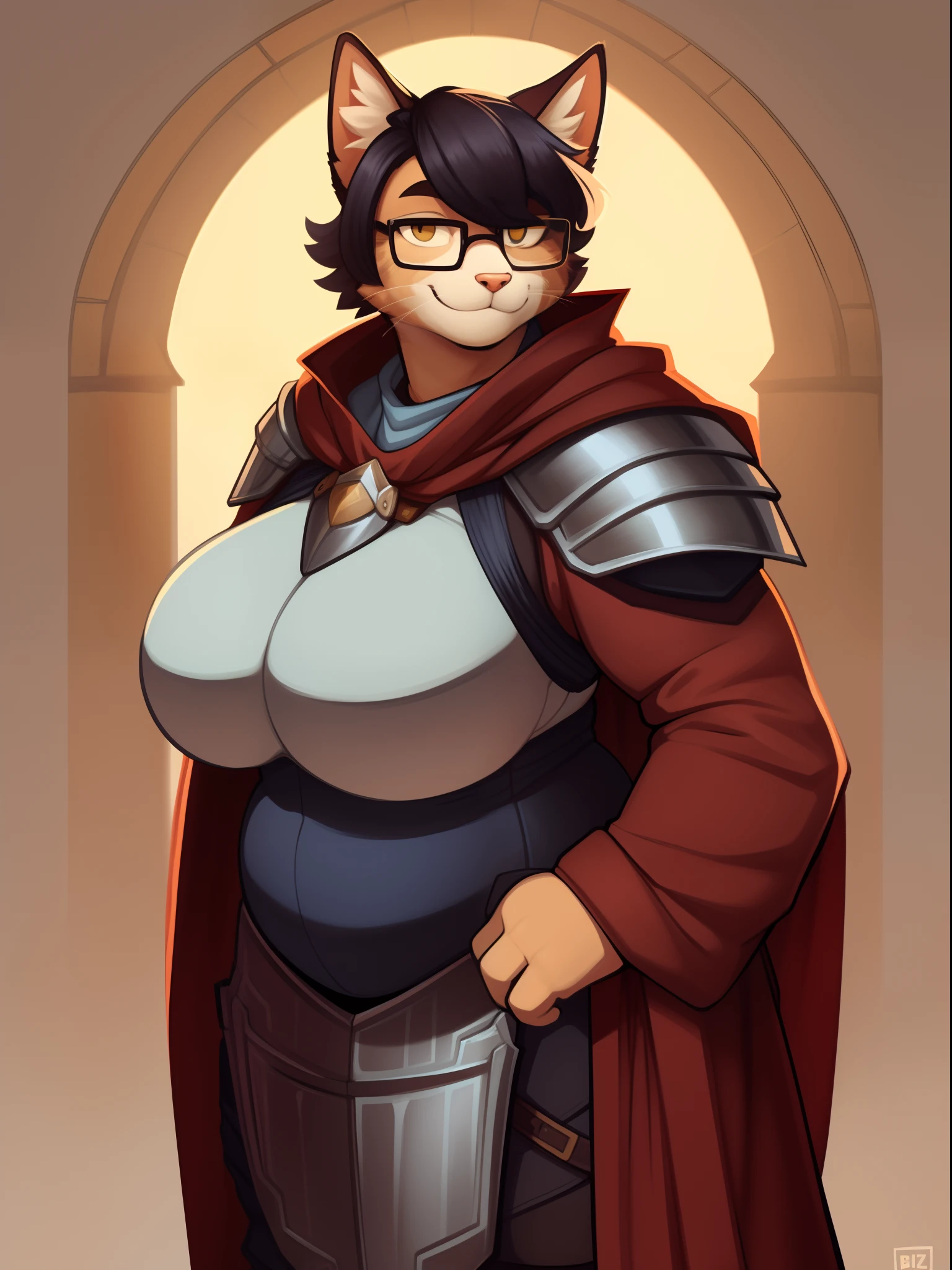 By nextel, by bigcozyorca, by goonie-san, solo, female, standing, smiling, facing viewer, big breasts, slightly chubby, thick rimmed glasses, ((wavybhaur, snout)), feline, tabby cat, domestic cat, short hair, armor, knight, bard, cloak, fantasy village
