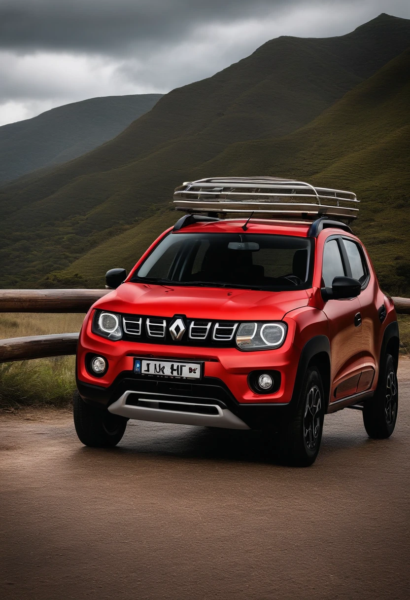 Carro kwid vermelho com curvas arredondadas, Imagem 4k, using luggage rack for shipping, usando pneus de lama, nas imagens de fundo de uma montanha, lama