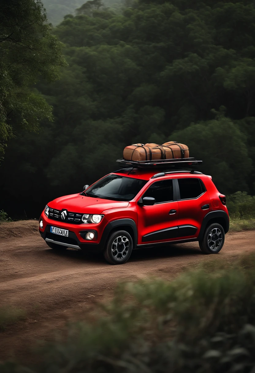 Carro kwid vermelho com curvas arredondadas, Imagem 4k, using luggage rack for shipping, usando pneus de lama, nas imagens de fundo de uma montanha, lama