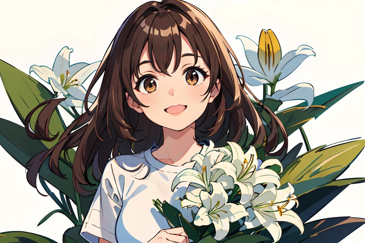 (Best quality, Masterpiece),Sunny,Broad lens,(Brown hair long),Lively cute girl with long brown hair,A big smile,Wearing a wide white T-shirt,Holding a bouquet of lilies,There are a lot of white lilies around,White flowers,A black Don dog