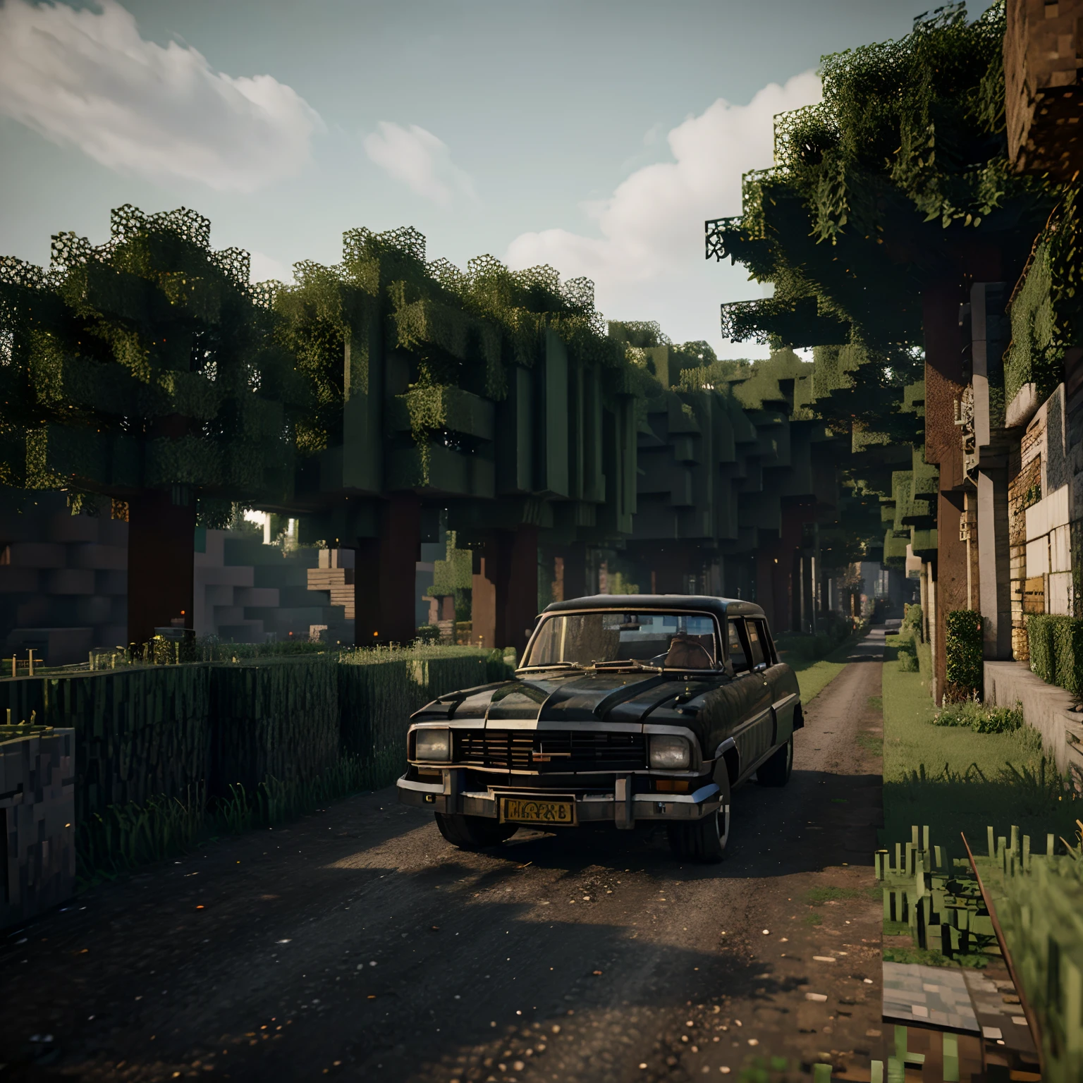 (best quality,highres,masterpiece:1.2),ultra-detailed,realistic:1.37,photography,4 door sedan,1950s,black,street,minecraft vehicle,nature,forest,muddy road,earth road,minimalist style,mixed with Minecraft style,retro,vintage,classic car,old-fashioned,aged,weathered, vintage car, parked,still,stagnant,dirt road,moody atmosphere,dim lighting,shadows,texture,gritty-details,photorealistic(minecraft style),pixelated effect,blocky,low-poly,high contrast,perspective,angle,composition,trees,foliage,leaves,greenery,white clouds in the sky