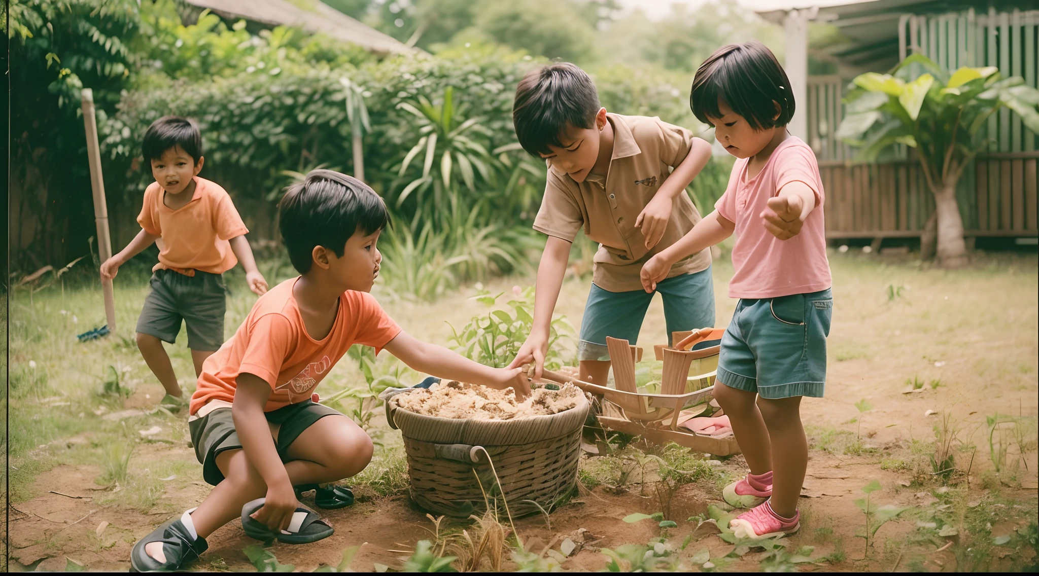 Photo of a 1980s malay 9  kids playing in the garden, old movie film grain, shot with a Olympus Zuiko, cinematic lighting, retro, award winning photo,