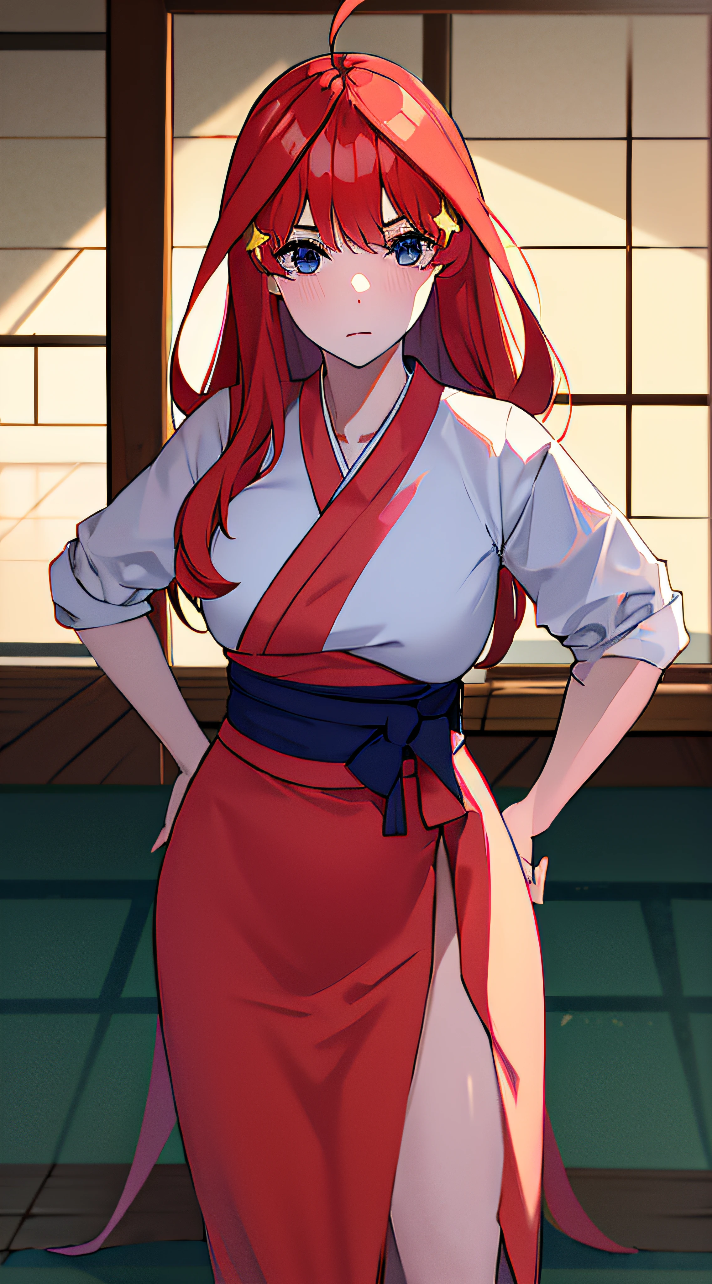 Anatomisch perfekt, NamiFinal, japanese clothes, light blue Kimono, snatched waist, high heels, Long orange hair, high quality, 4k, shibari, bound, shibari over clothes, (Arms behind Back:1.6), Arms bound, bondage, (blushing:1.6), (Standing in a bedroom:1.6), (full body:1.7), Standing, verlegener Gesichtsausdruck