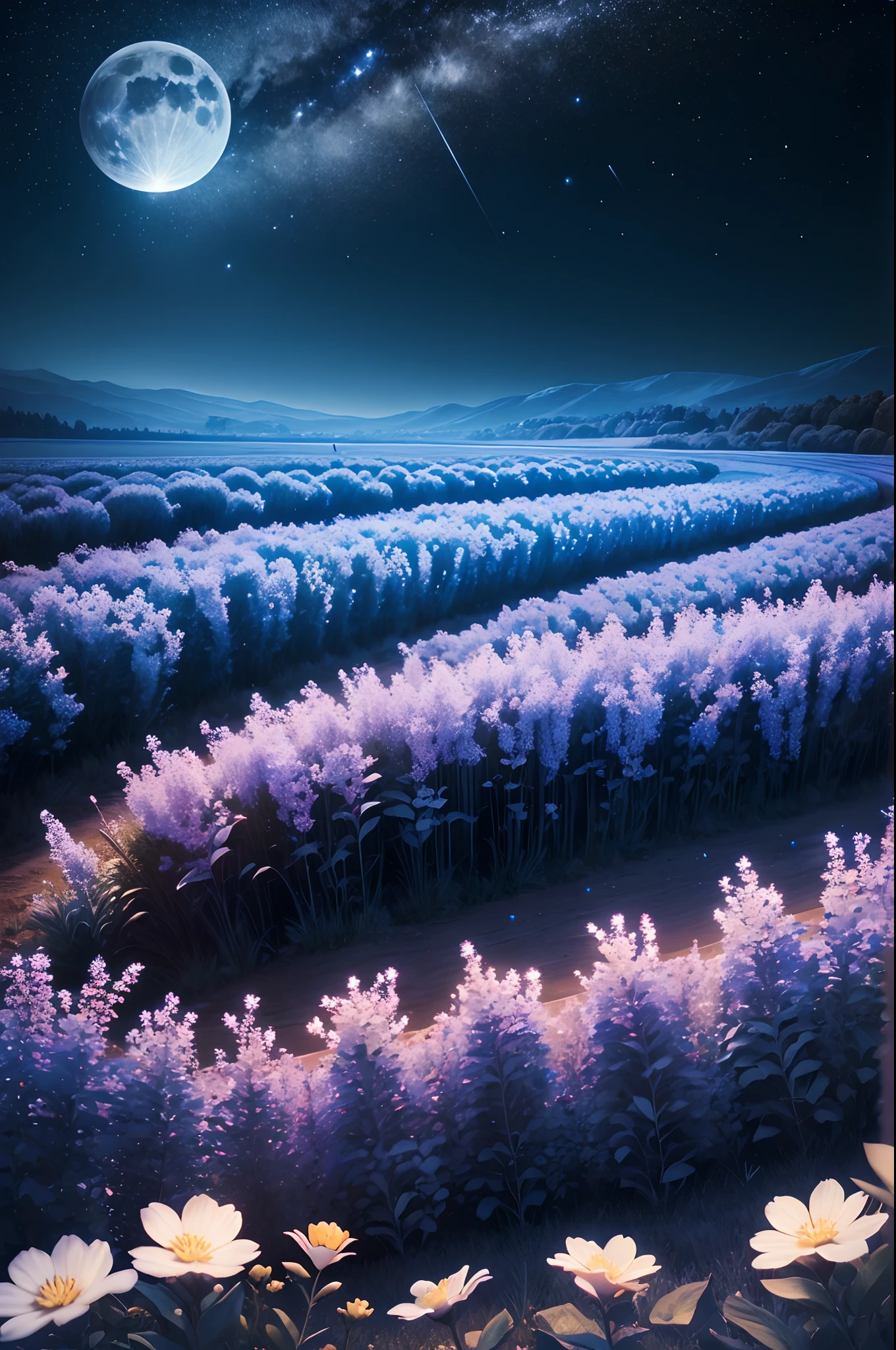 A beautiful darkish night,sky filled with stars, beautiful blue colour flower field,landscape, full beautiful moon,ultra realistic 8k quality,