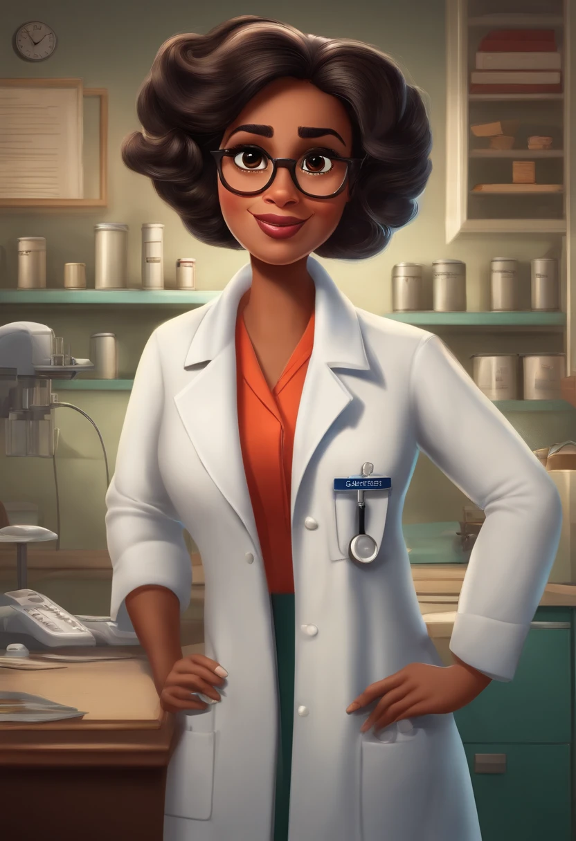 Cartaz da Disney Pixar com uma Mulher parda , com os cabelos pretos e lisos, Big eyes and round nose in a lab coat with office desk with the title Occupational Nurse Yasmin