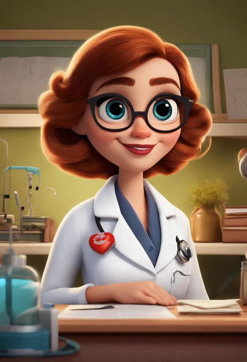 Cartaz da Disney Pixar com uma Mulher parda , com os cabelos pretos e lisos, Big eyes and round nose in a lab coat with office desk with the title Occupational Nurse Yasmin