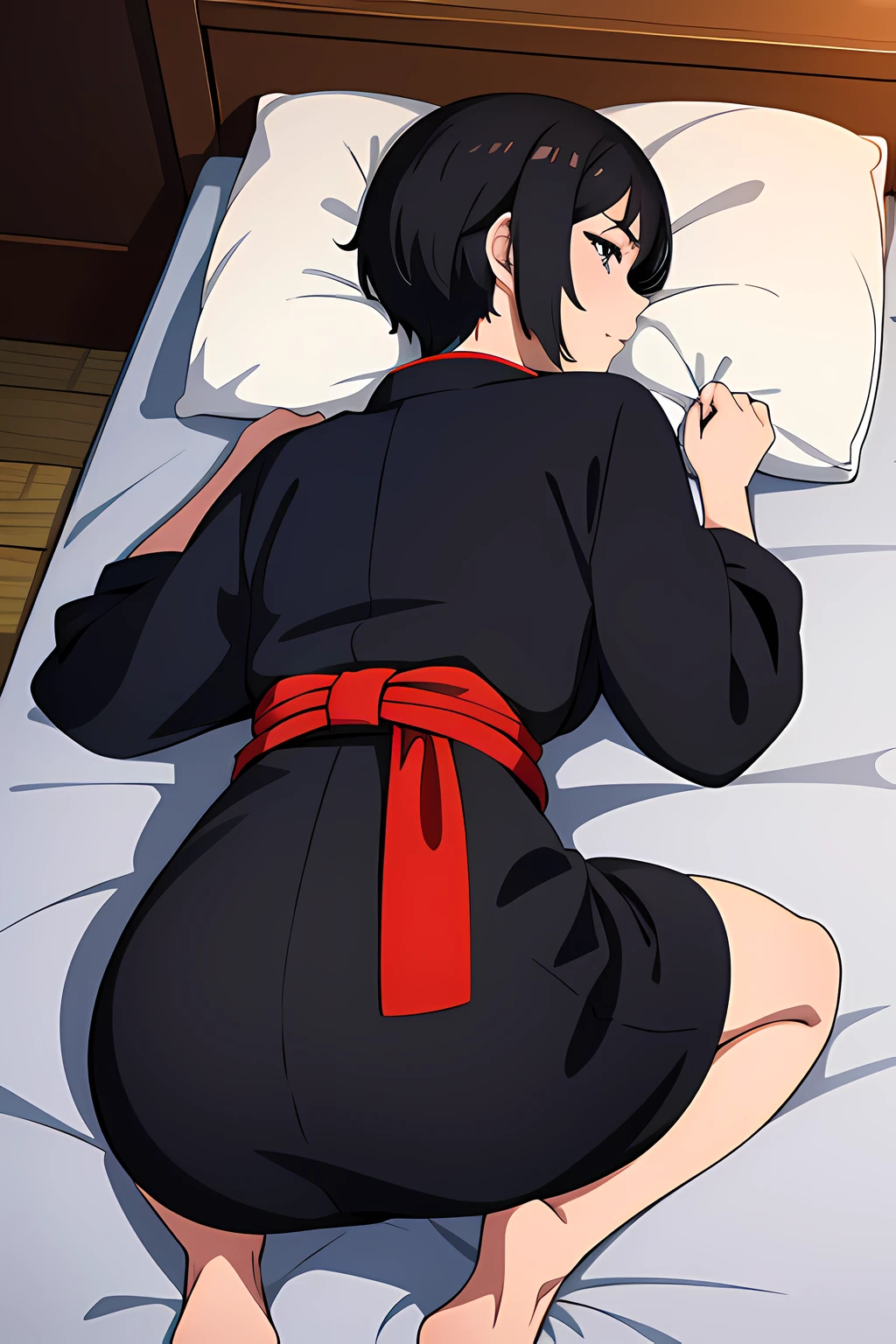 (1girl in),(beautiful eyes finely detailed, Face to detail, black hair, short hair), wearing japanese shrine maiden uniform, facing away from the camera, backside, lying on bed with doggy style sex position, back and butt covered with her clothes, bedroom, camera angle from behind, full body, masterpiece sidelighting, masterpiece, top-quality, detailed, High resolution illustration