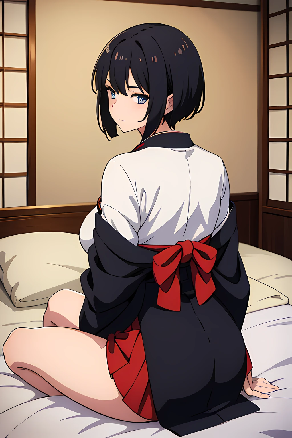 (1girl in),(beautiful eyes finely detailed, Face to detail, black hair, short hair), wearing japanese shrine maiden uniform, facing away from the camera, backside, lying on bed with doggy style sex position, back and butt covered with her clothes, bedroom, camera angle from behind, full body, masterpiece sidelighting, masterpiece, top-quality, detailed, High resolution illustration