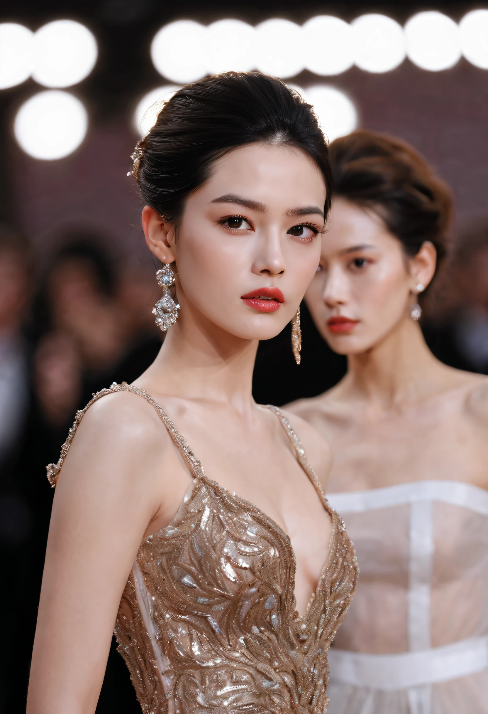 (best quality,4k,8k,highres,masterpiece:1.2),ultra-detailed,(realistic,photorealistic,photo-realistic:1.37), fashion show,model,1girl,beautiful detailed eyes,beautiful detailed lips,extremely detailed eyes and face,longeyelashes,runway,stylish attire,confident poses,colorful lights,high-fashion,glamorous makeup,trendy hairstyles,professional photographers,crowded audience,fashion designers,catwalk,red carpet,dazzling outfits,haute couture,stylish accessories,spotlight,striking poses,paparazzi,runway music,curvy figure,graceful walk,celebrity guests,front row seats,sparkling jewelry,couture gowns,glimmering sequins,ambient lighting,fashion-forward,creative designs,vibrant colors,exclusive event,runway models,posing for cameras,iconic fashion,striking visuals