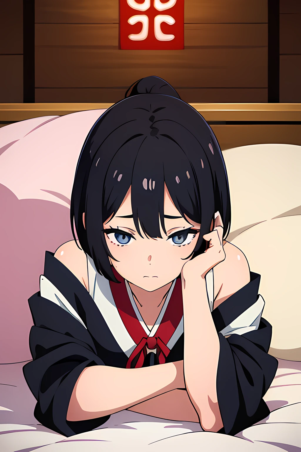 (1girl in),(beautiful eyes finely detailed, Face to detail, black hair, short hair), wearing japanese shrine maiden uniform, lying down her back in bed, horny and shy facial expression, looking at viewers, camera angle from front, full body, masterpiece sidelighting, ​masterpiece, top-quality, detailed, High resolution illustration