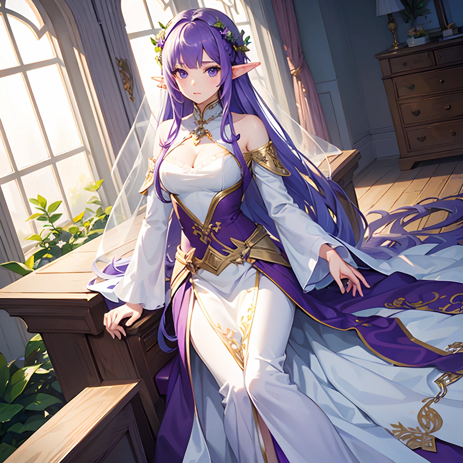 Beautiful, Elf, Female, Purple Hair, White Gown