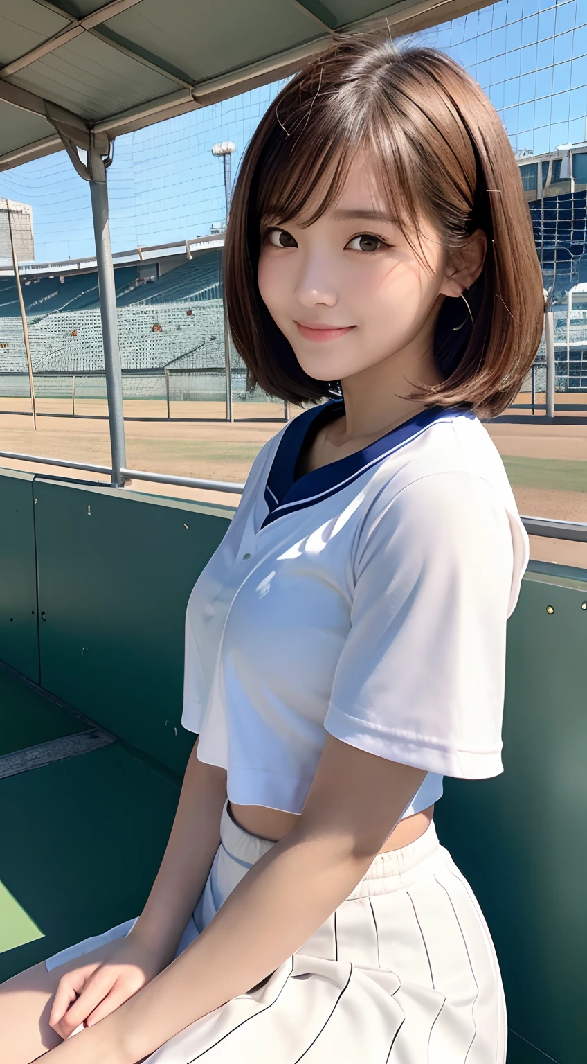(top-quality,8K picture quality,masterpiece:1.3,),(超A high resolution:1.3,Photorealsitic:1.4,Raw photography:1.2),(ultra-detailliert:1.2,shinny skin,Detailed skin:1.1),(Detailed face,Perfect Anatomy,Caustics:1.2),(Girl cheering in the stands at the stadium:1.2),(Stand seats:1.1),(Sideways face:1.2),(Shot from the side:1.2),(Facing over there:1.2),composition from the waist up,kawaii,japanes,22year old,Japanese ido,Natural brown hair,Curl short hair outward,Pretty eyes,natural make up,huge smile,large boob,Oversized Baseball Uniform Shirt,White skirt,Professional Lighting,natural soft light,