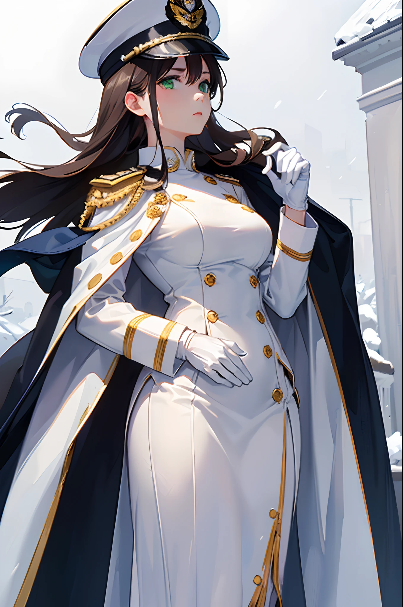 (masterpiece), best quality, expressive eyes, perfect face, (female adult), serious expression, (green eyes), (brunette medium hair), (medium breasts), ((wearing A navy captain's "Full Dress white Uniform" with full-sized medals, white gloves)), ((wearing a white peaked cap)), ((wearing a white Navy Officer Uniform Cape)), (standing a snowy battlefield), (side view), (looking at the viewer)