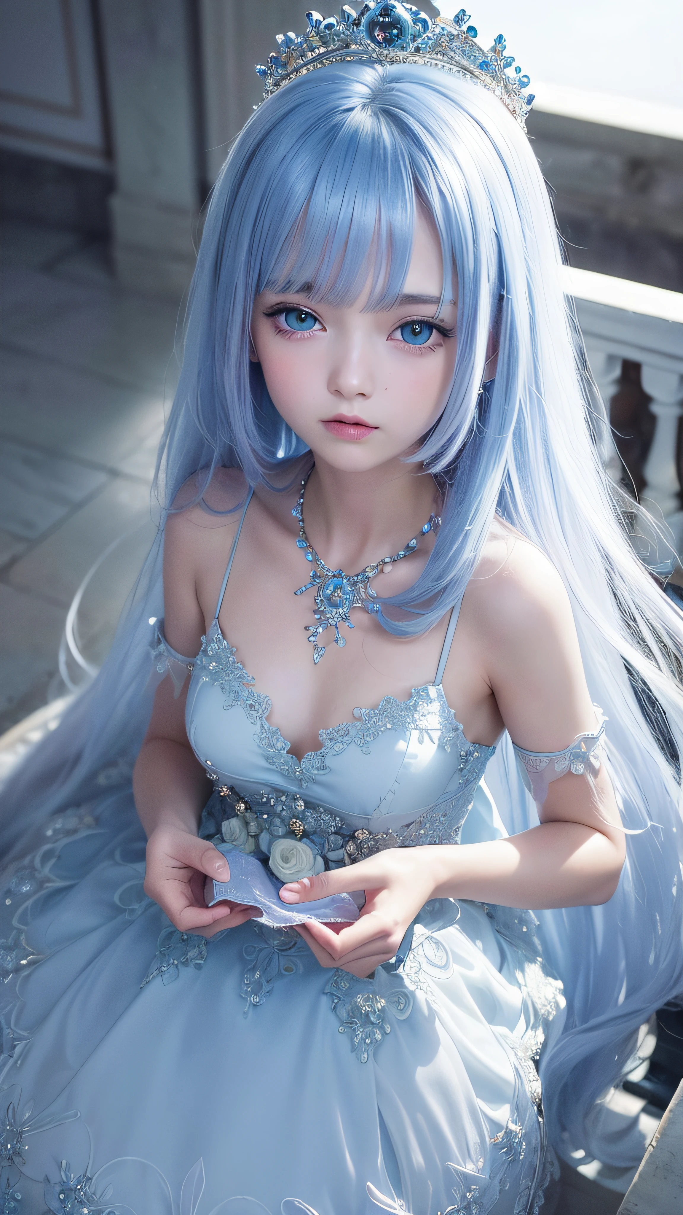 4K ulta hd, masterpiece, 1 girl, white skins, good face, very long hair, hair ornament, light makeup, detailed eyes, small round breast, ultra detailed clothes,  (blue princess dress:1.5), lace:1.5, (shining dress:1.8), strap dress, necklace, jewellery, amazing balcony background,