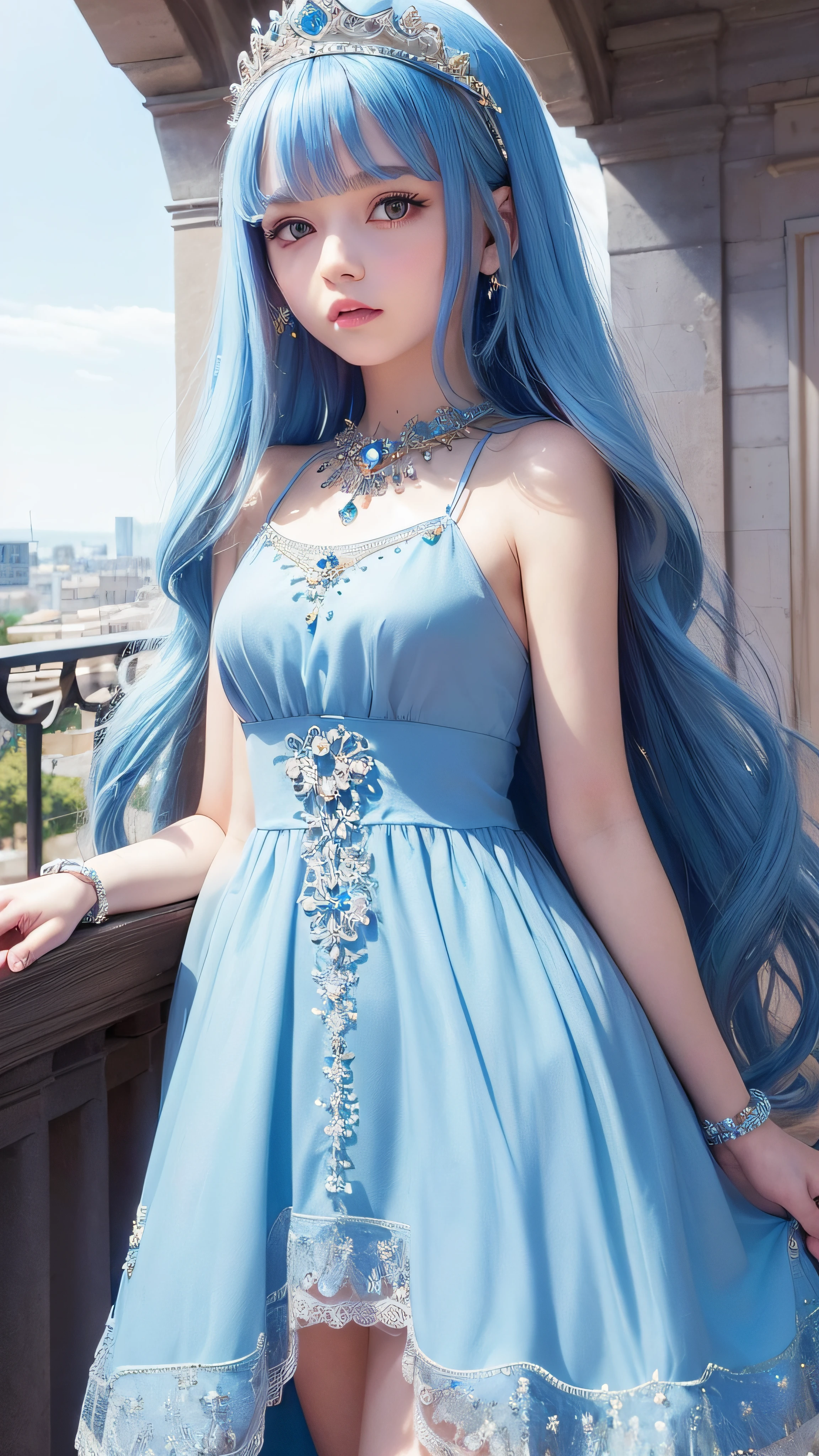 4K ulta hd, masterpiece, 1 girl, good face, very long hair, hair ornament, light makeup, detailed eyes, small round breast, ultra detailed clothes,  (blue princess dress:1.5), lace:1.5, (shining dress:1.8), strap dress, necklace, jewellery, amazing balcony background,