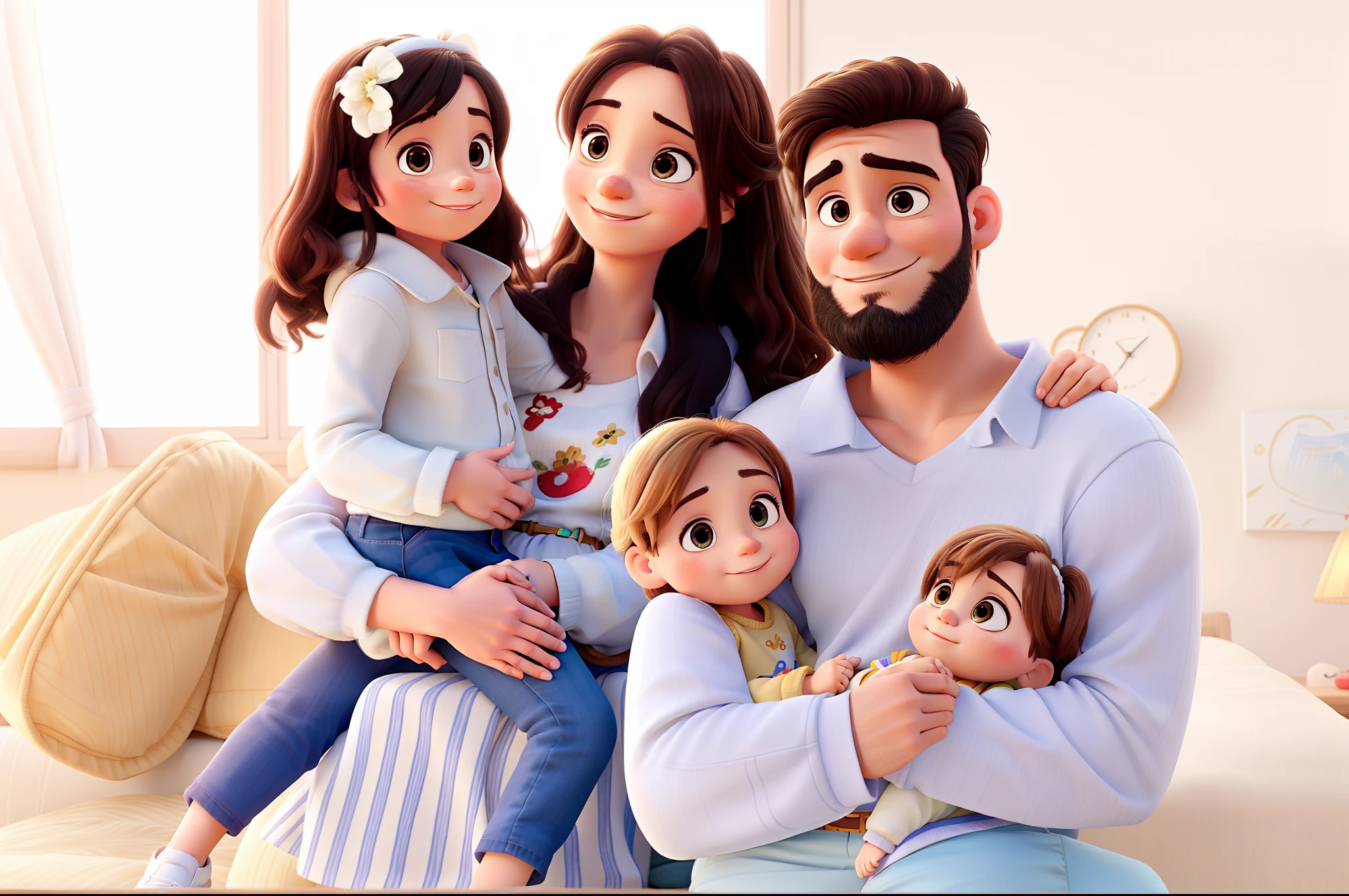 A family of one father, mami, Daughter on her mother's lap and a baby son on his father's lap in Disney Pixar style, alta qualidade, melhor qualidade