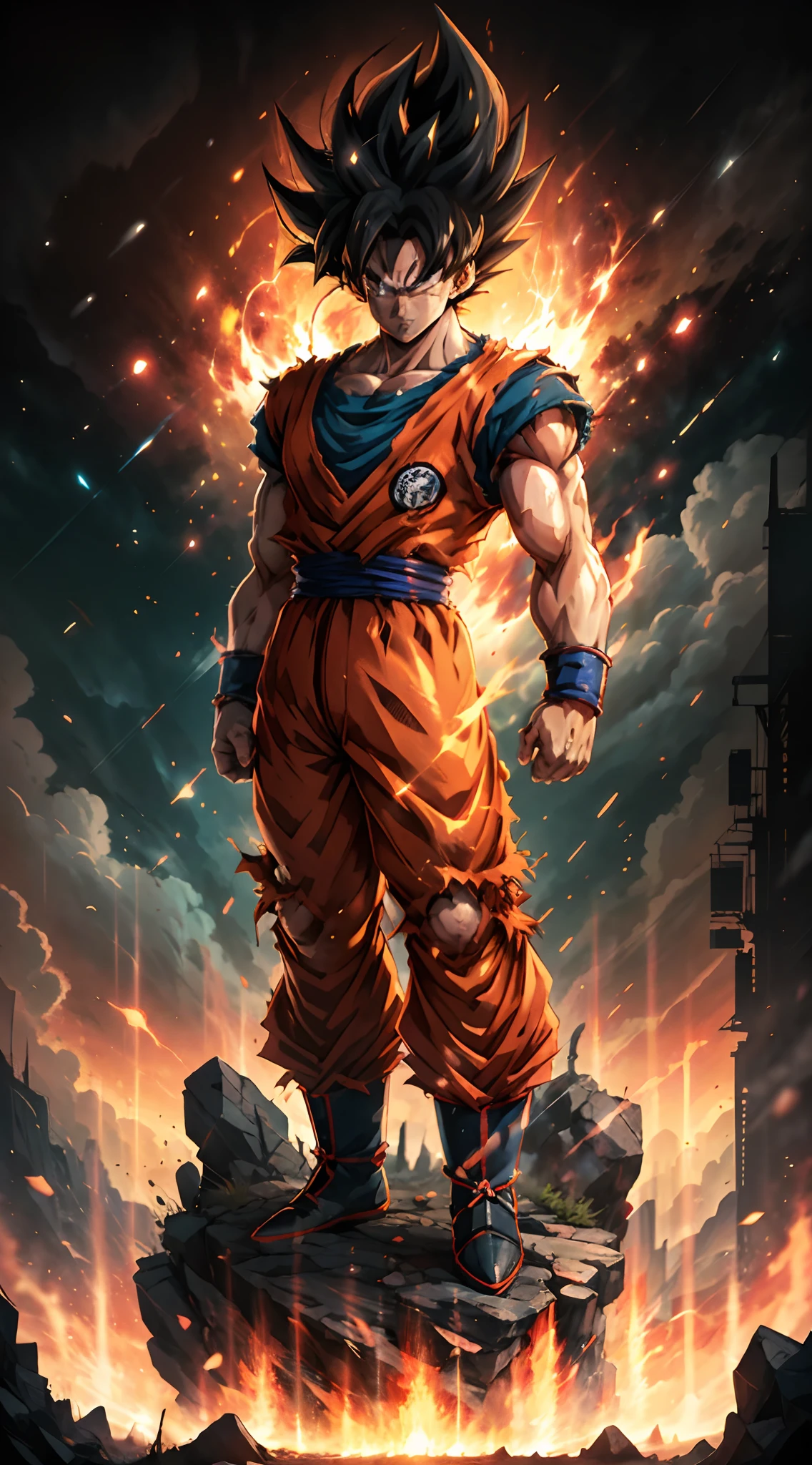 Detailed anime artwork, beautiful vector curves, highest quality 8k, depth of field, Dragon Ball universe anime epic art, manga wallpaper, detailed digital anime art, digital advanced anime art.Goku with meticulously detailed handsome face, glowing red eyes, extreme instinct state mode, epic anime about energy man, fire, lava.