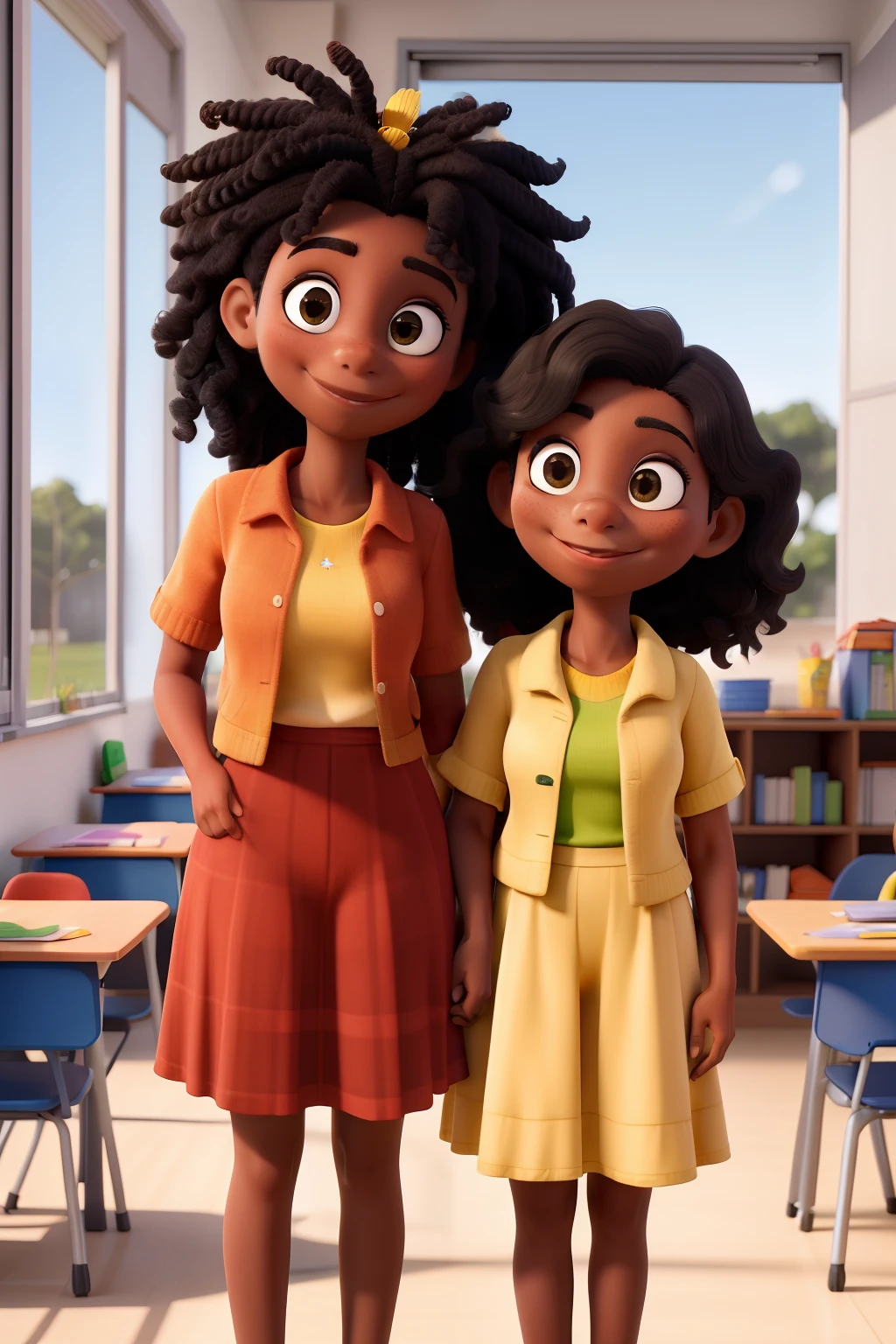 Obra-prima, de melhor qualidade, of two kindergarten teachers, magras, negras, do cabelo cacheado, com uniforme vermelho, na sala de aula
