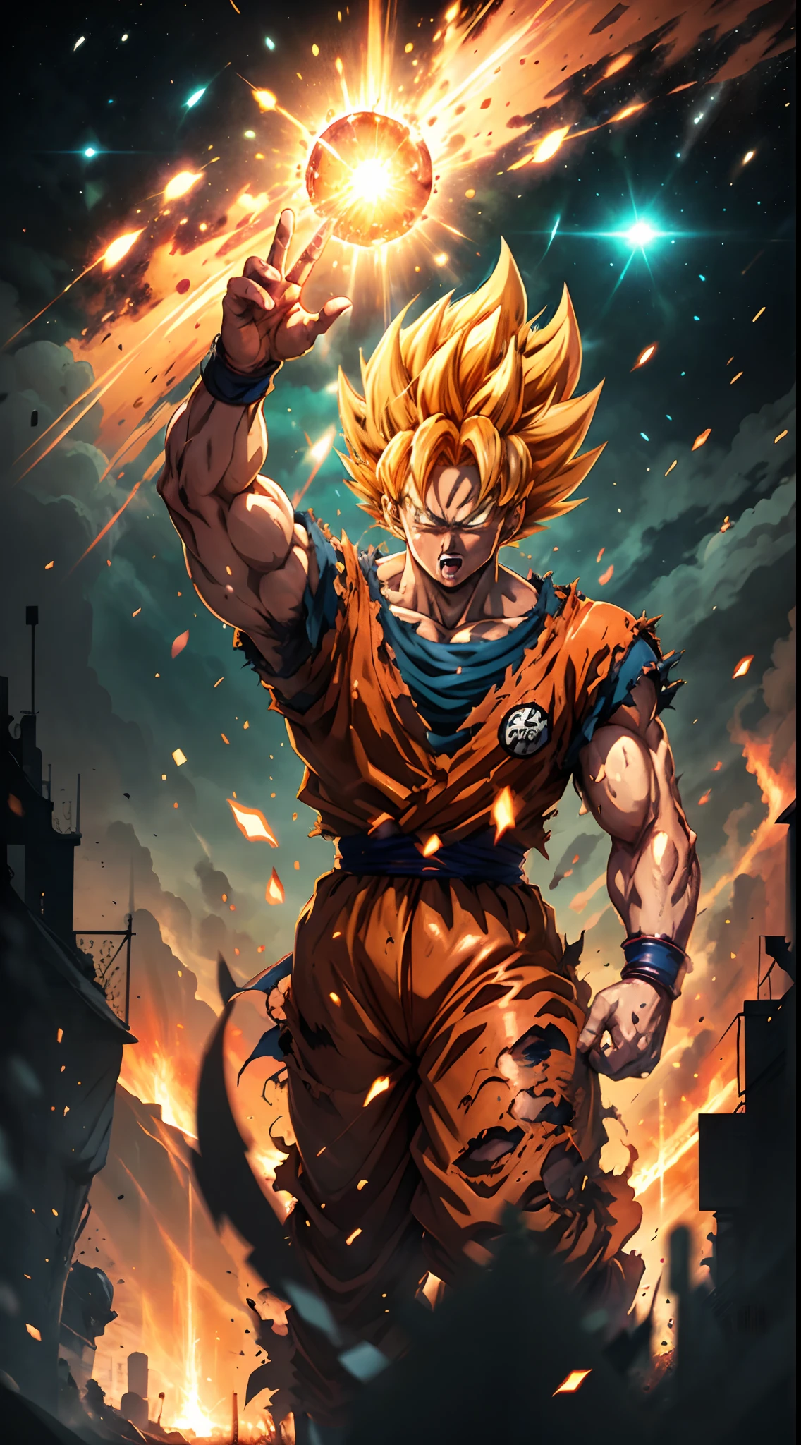 Detailed anime artwork, beautiful vector curves, highest quality 8k, depth of field, Dragon Ball universe anime epic art, manga wallpaper, detailed digital anime art, digital advanced anime art.Goku with meticulously detailed handsome face, glowing red eyes, extreme instinct state mode, epic anime about energy man, fire, lava.